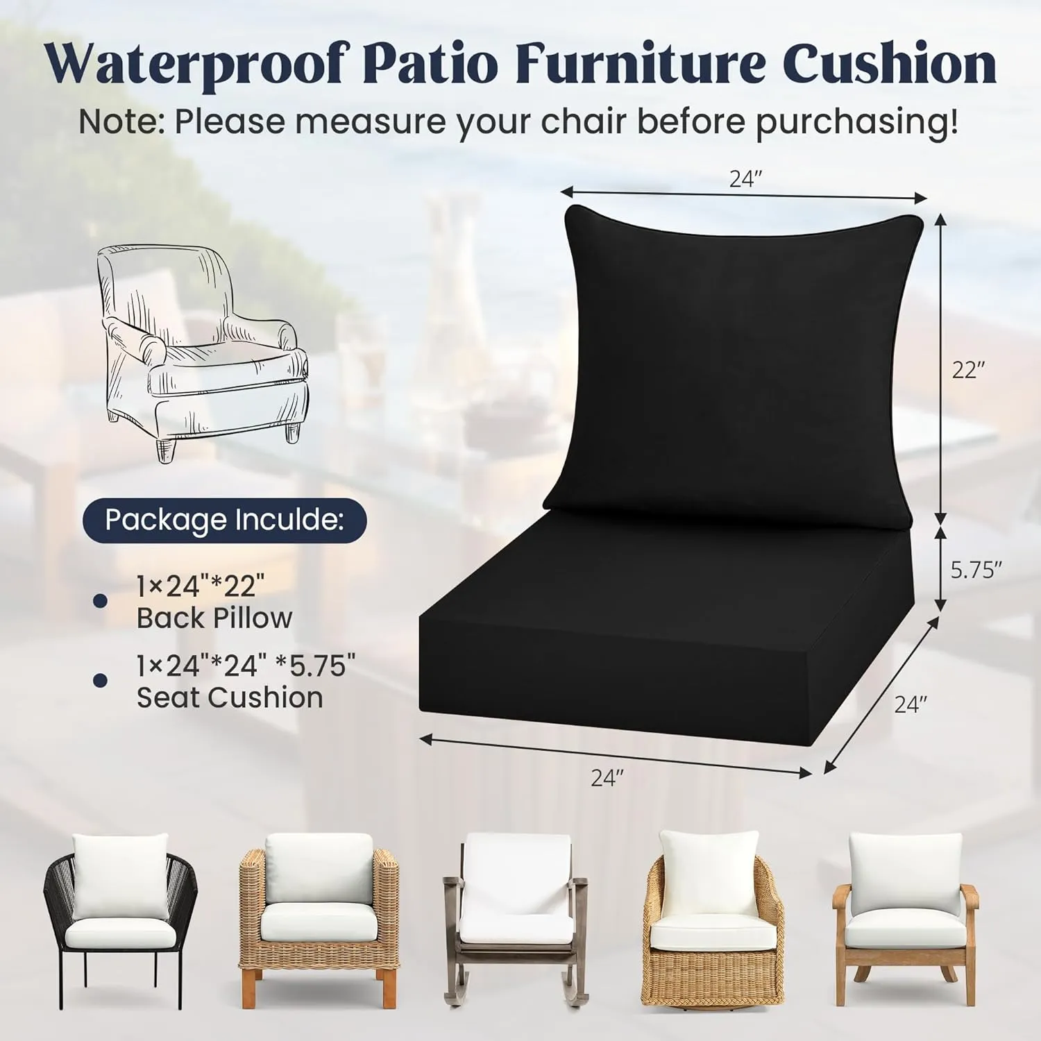 puredown® Outdoor Seat Cushions 24 X 24 X 5.75 Inch, Waterproof & Fade Resistant Patio Furniture Replacement Cushions with Removable Cover for Chair, Sofa, Couch, Wicker, Black