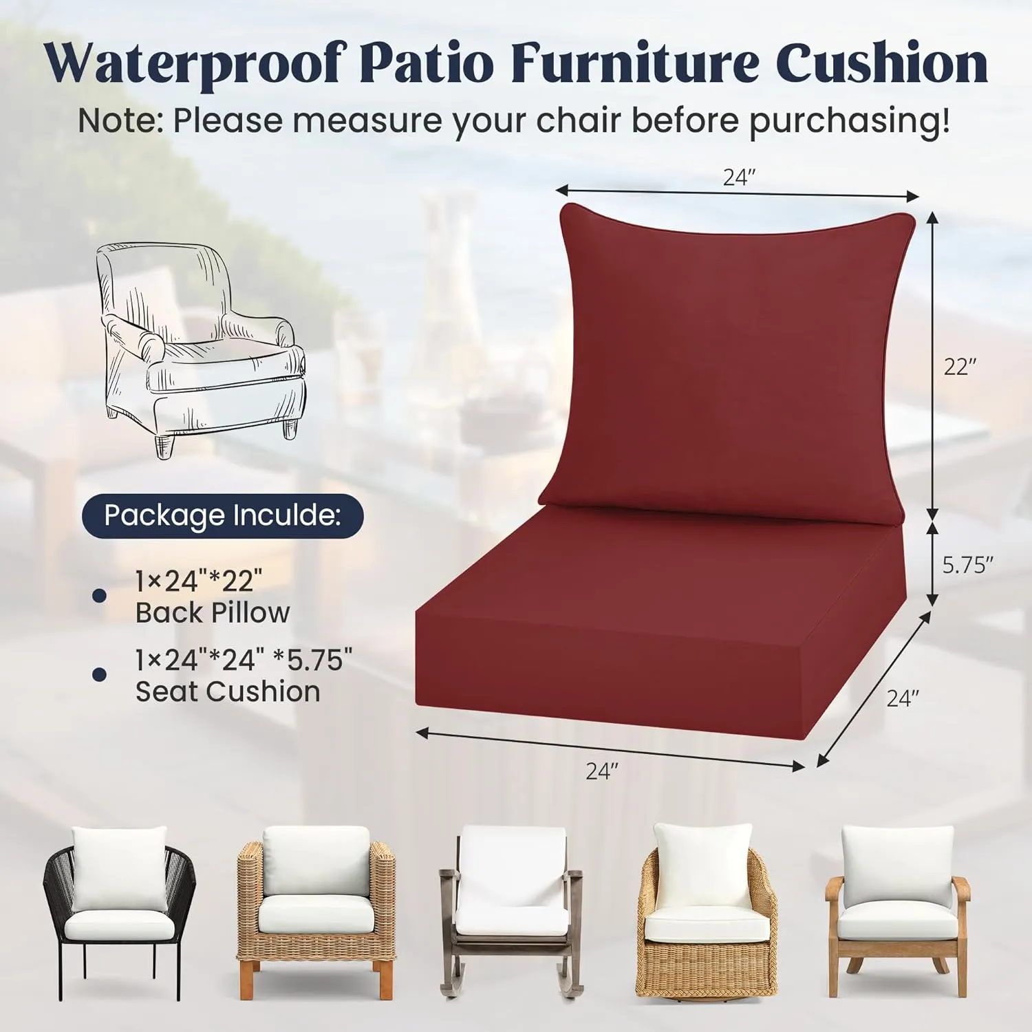 puredown® Outdoor Seat Cushions 24 X 24 X 5.75 Inch, Waterproof & Fade Resistant Patio Furniture Replacement Cushions with Removable Cover for Chair, Sofa, Couch, Wicker, Burgundy