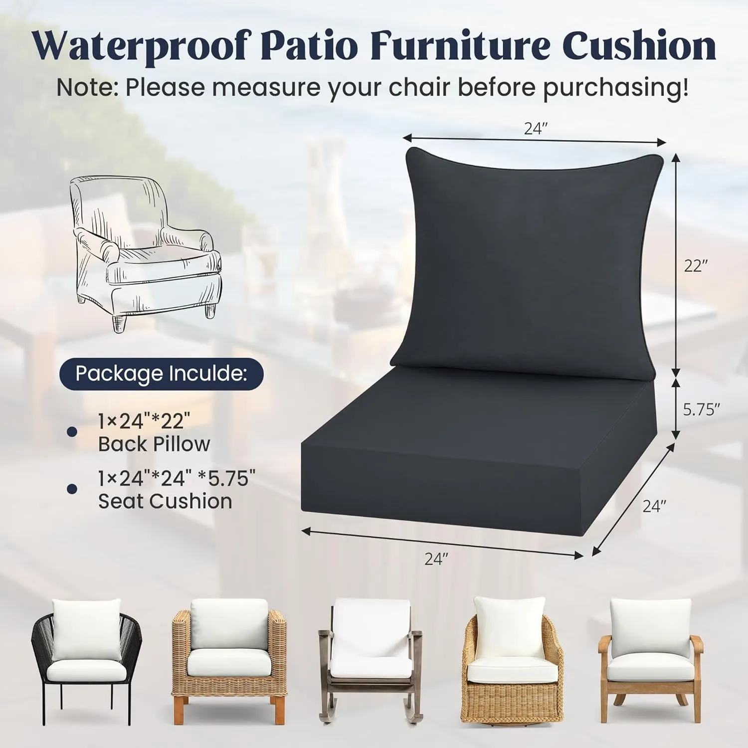 puredown® Outdoor Seat Cushions 24 X 24 X 5.75 Inch, Waterproof & Fade Resistant Patio Furniture Replacement Cushions with Removable Cover for Chair, Sofa, Couch, Wicker, Dark Gray