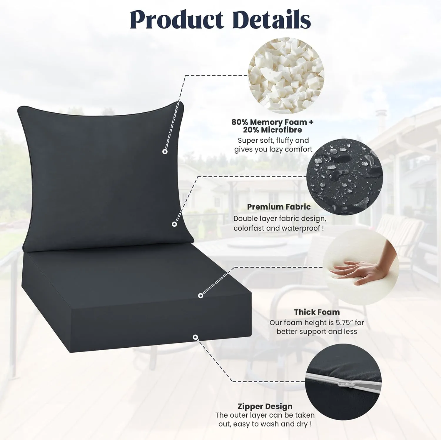 puredown® Outdoor Seat Cushions 24 X 24 X 5.75 Inch, Waterproof & Fade Resistant Patio Furniture Replacement Cushions with Removable Cover for Chair, Sofa, Couch, Wicker, Dark Gray