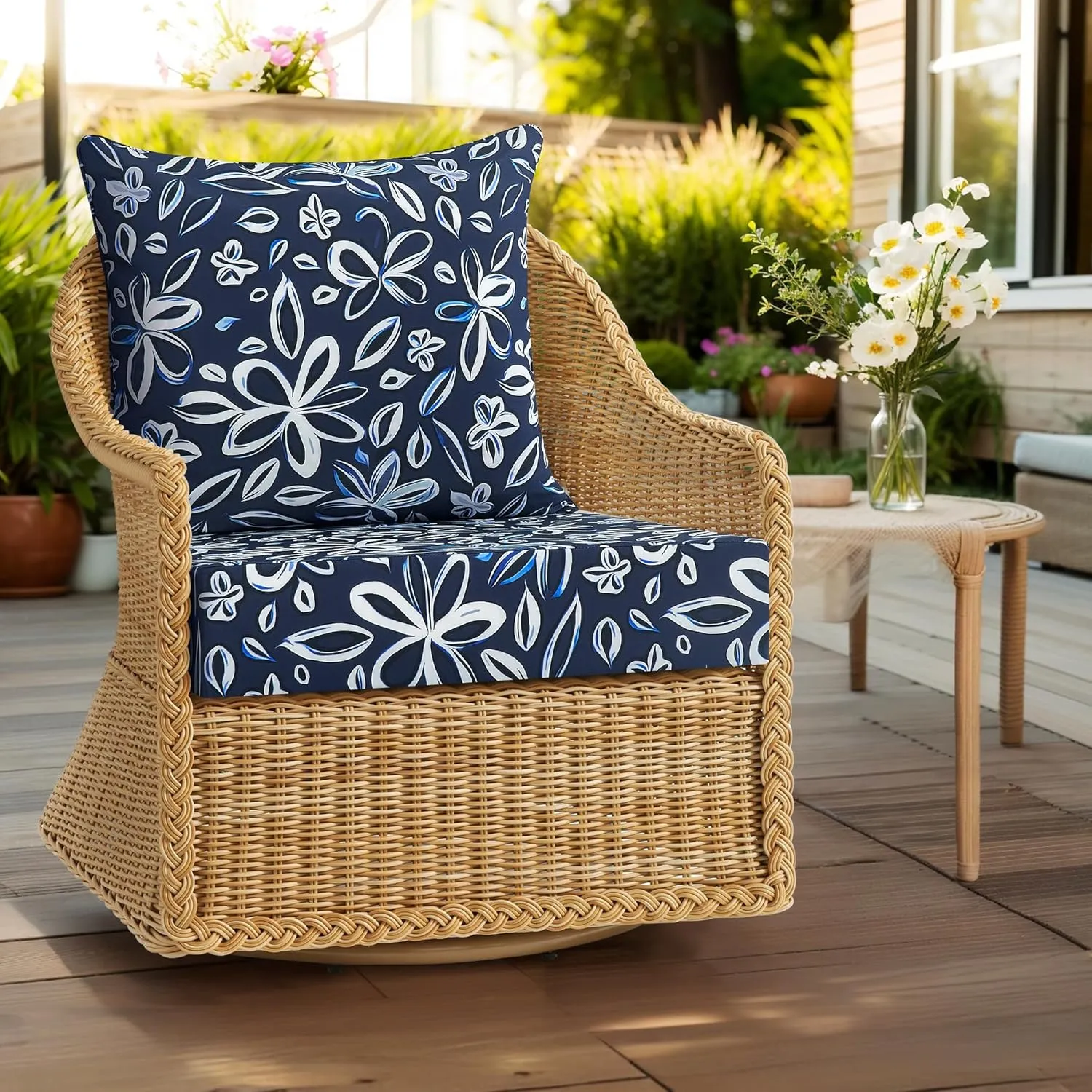 puredown® Outdoor Seat Cushions 24 X 24 X 5.75 Inch, Waterproof & Fade Resistant Patio Furniture Replacement Cushions with Removable Cover for Chair, Sofa, Couch, Wicker, Navy Flower