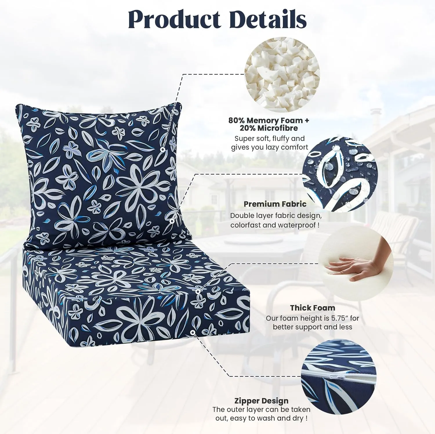 puredown® Outdoor Seat Cushions 24 X 24 X 5.75 Inch, Waterproof & Fade Resistant Patio Furniture Replacement Cushions with Removable Cover for Chair, Sofa, Couch, Wicker, Navy Flower