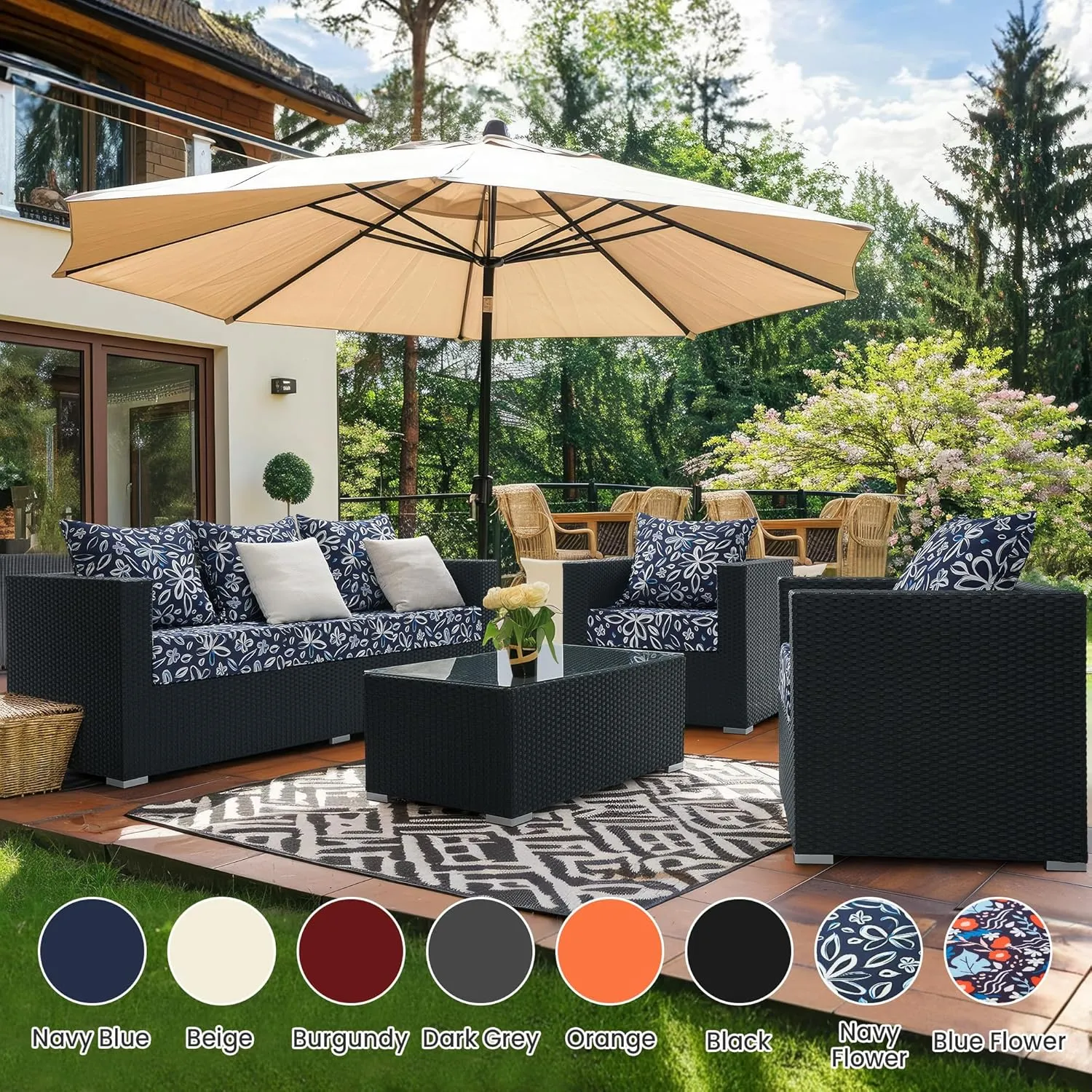 puredown® Outdoor Seat Cushions 24 X 24 X 5.75 Inch, Waterproof & Fade Resistant Patio Furniture Replacement Cushions with Removable Cover for Chair, Sofa, Couch, Wicker, Navy Flower