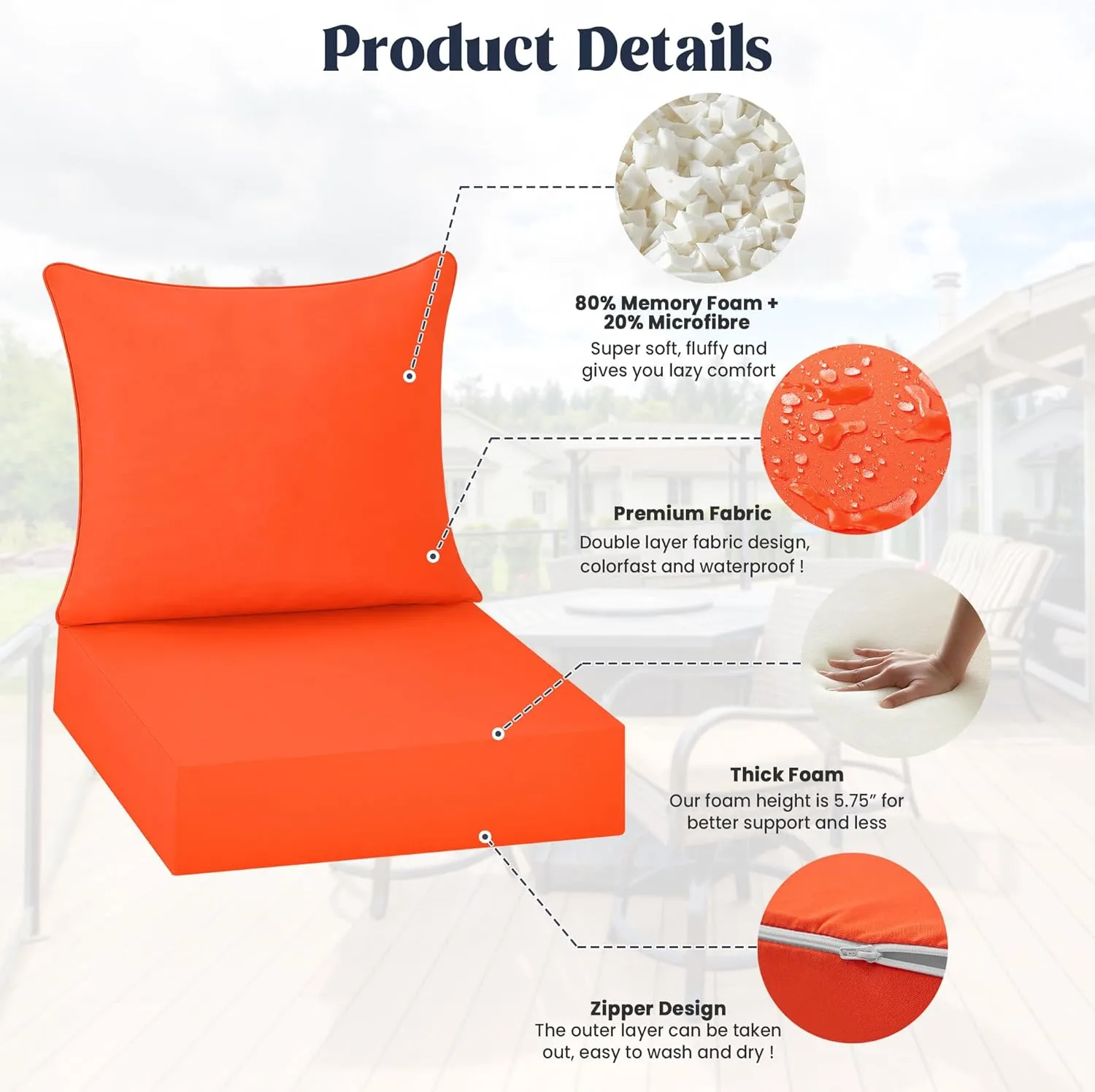 puredown® Outdoor Seat Cushions 24 X 24 X 5.75 Inch, Waterproof & Fade Resistant Patio Furniture Replacement Cushions with Removable Cover for Chair, Sofa, Couch, Wicker, Orange