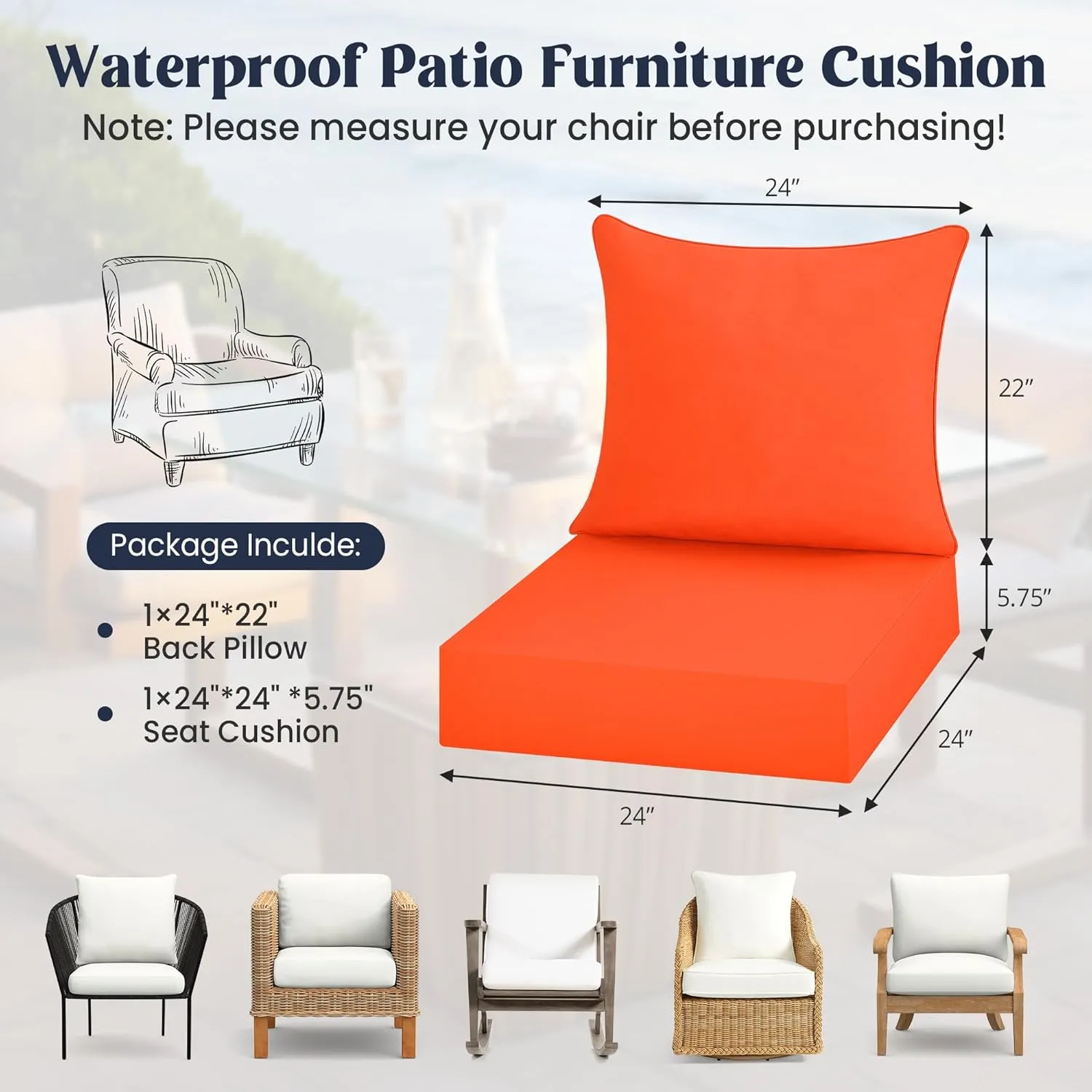 puredown® Outdoor Seat Cushions 24 X 24 X 5.75 Inch, Waterproof & Fade Resistant Patio Furniture Replacement Cushions with Removable Cover for Chair, Sofa, Couch, Wicker, Orange