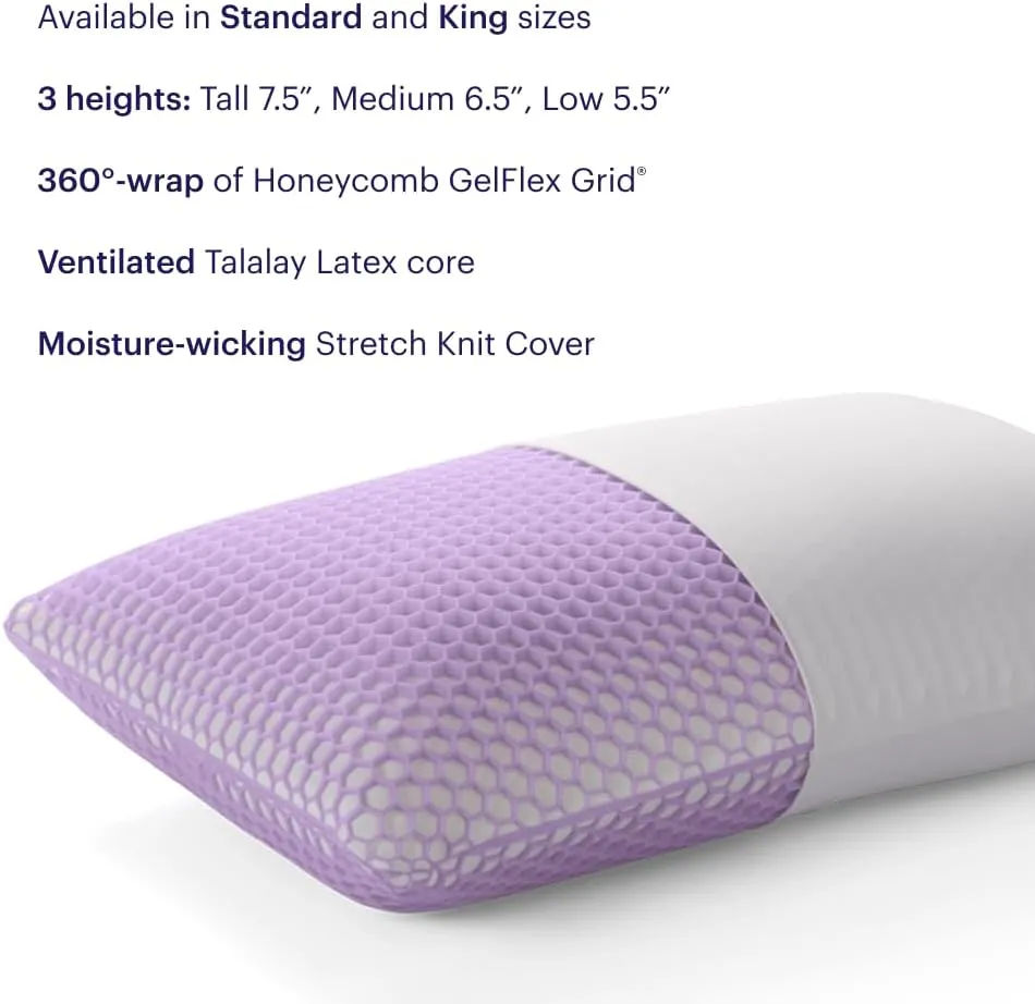 Purple Harmony Pillow - Standard Low, Greatest Pillow Ever Invented, 360º Hex Grid & Talalay Latex Core - No Pressure Support, Stays Cool, Luxurious Comfort