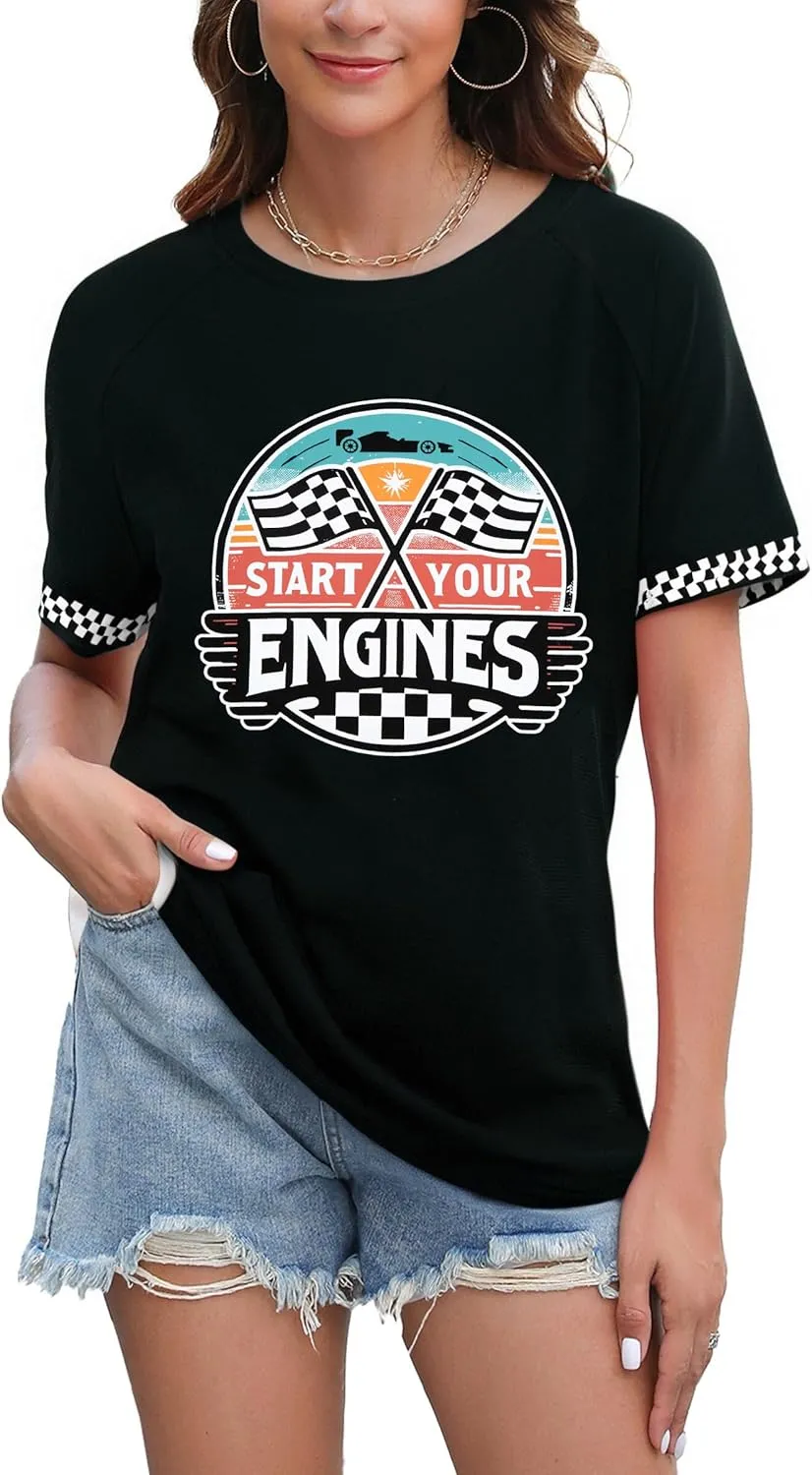 Racing Shirt Women Vintage Checkered Flag Racing Shirts Start Your Engines Tshirt Raceday Casual Short Sleeve Tops
