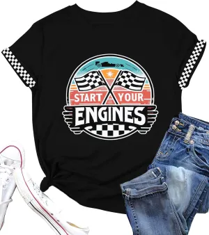 Racing Shirt Women Vintage Checkered Flag Racing Shirts Start Your Engines Tshirt Raceday Casual Short Sleeve Tops
