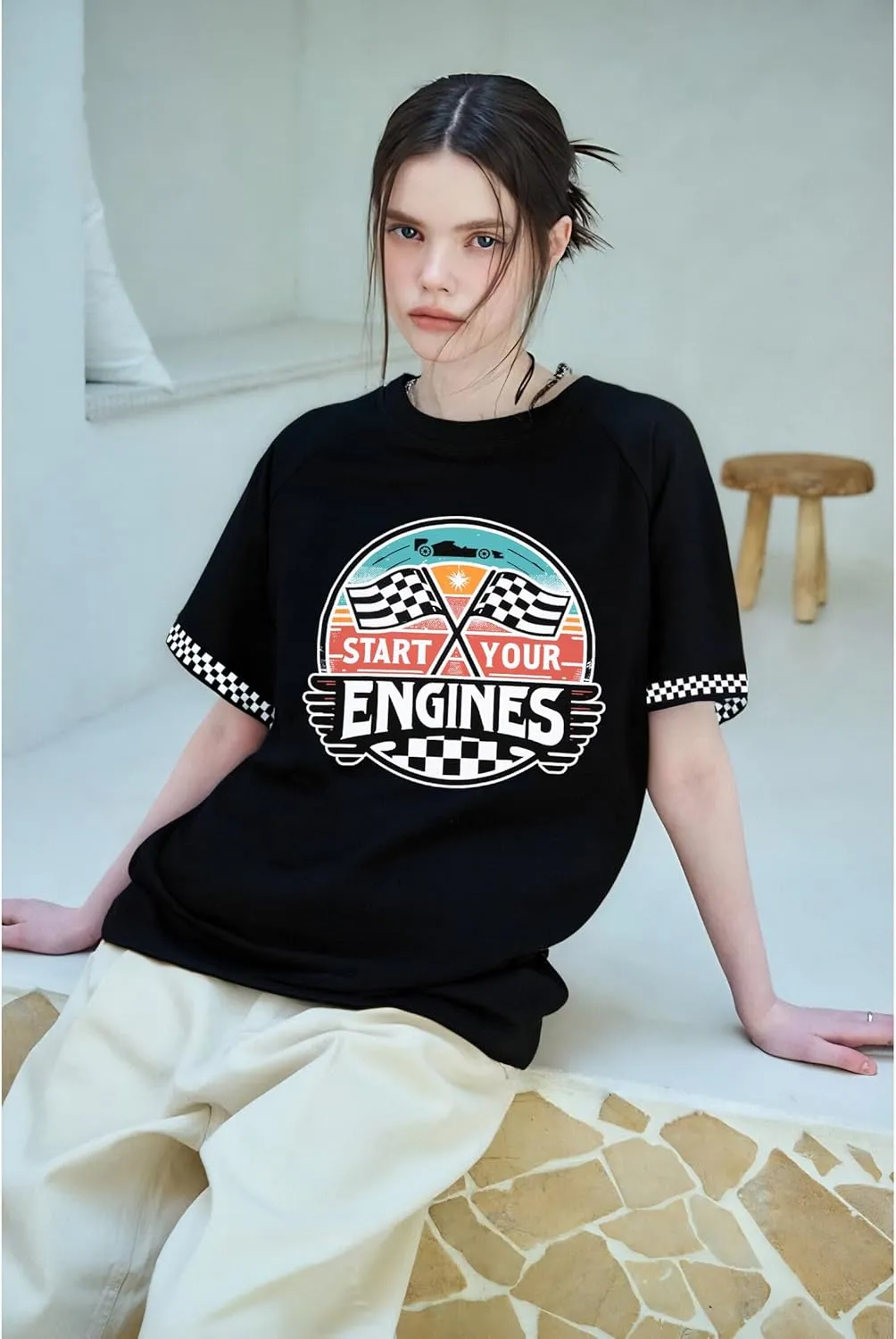 Racing Shirt Women Vintage Checkered Flag Racing Shirts Start Your Engines Tshirt Raceday Casual Short Sleeve Tops