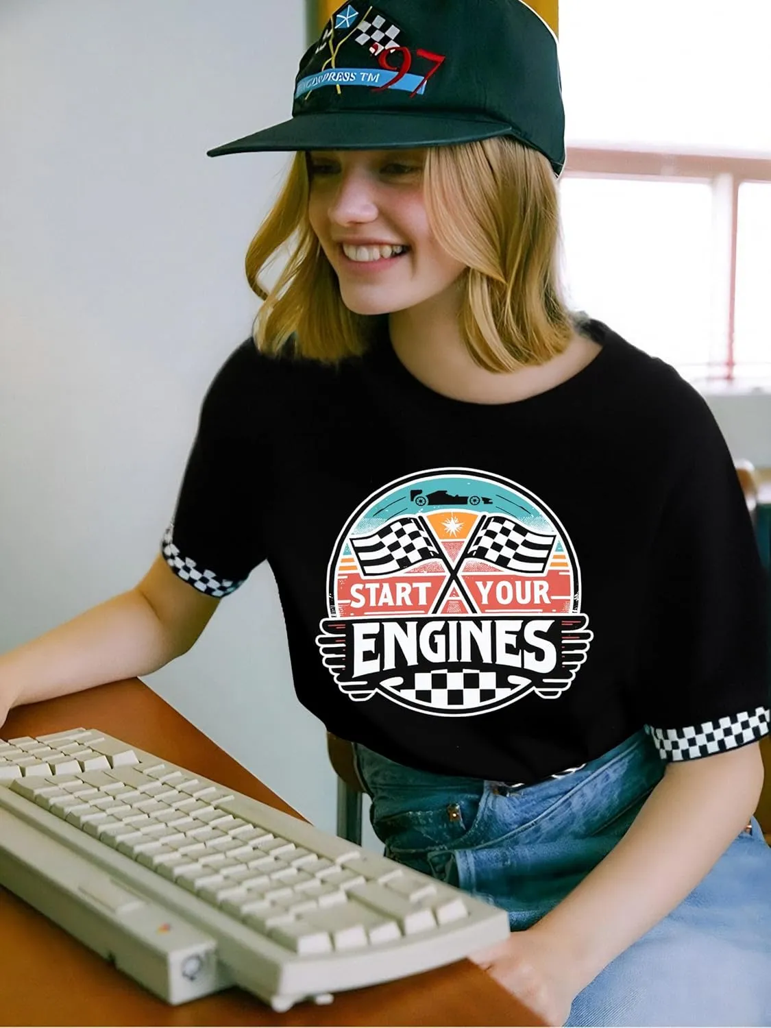 Racing Shirt Women Vintage Checkered Flag Racing Shirts Start Your Engines Tshirt Raceday Casual Short Sleeve Tops