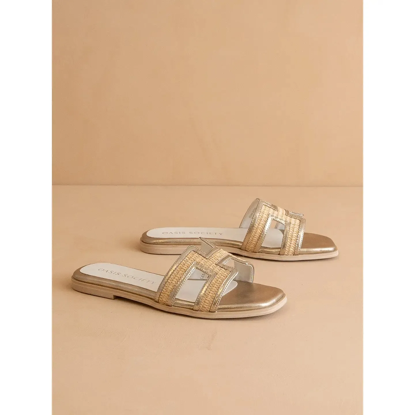 Raffia/Gold Slide On Sandal