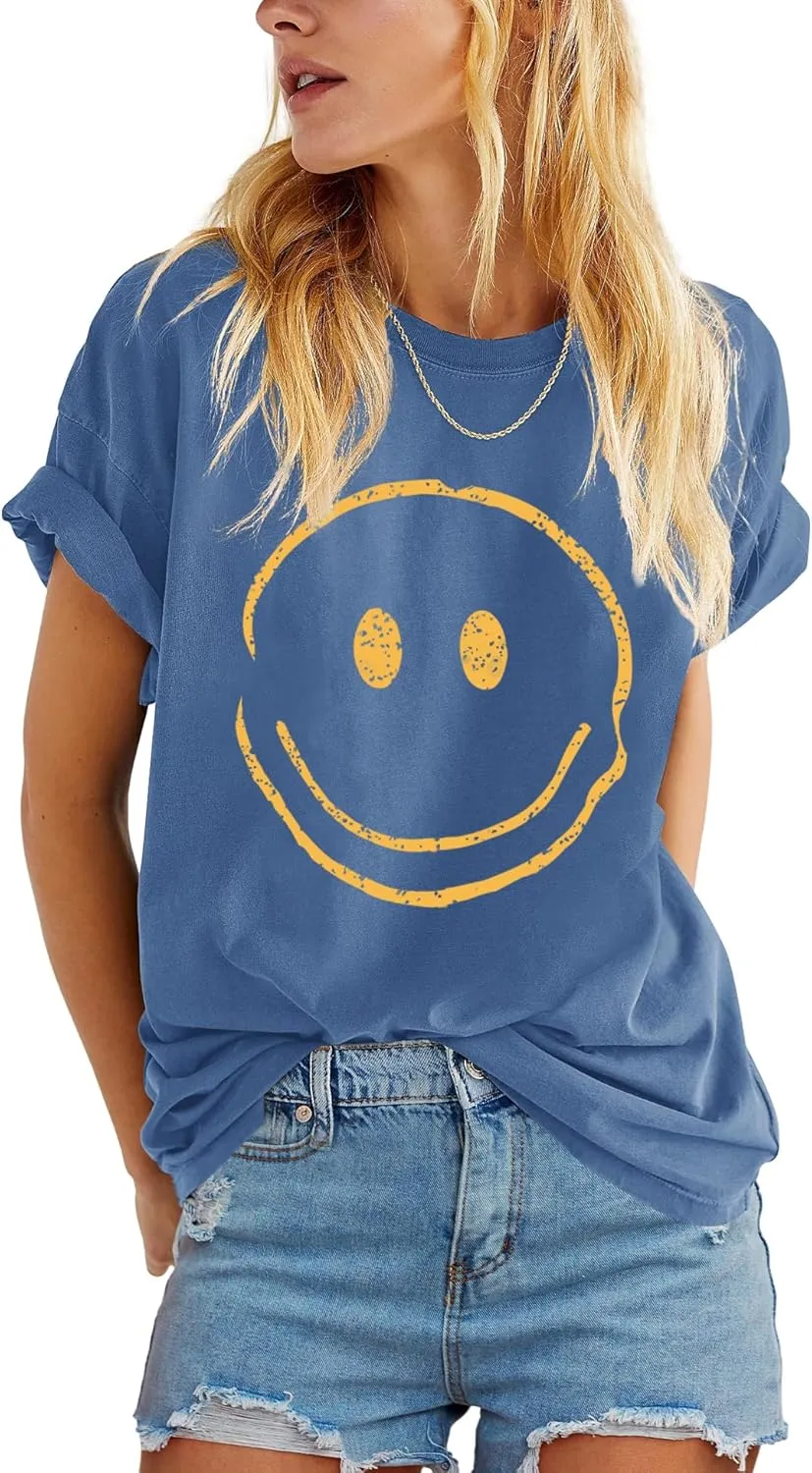 ReachMe Womens Summer Cute Smile Face T-Shirts Trendy Vintage Graphic Tops Casual Loose Short Sleeve Tee Shirts
