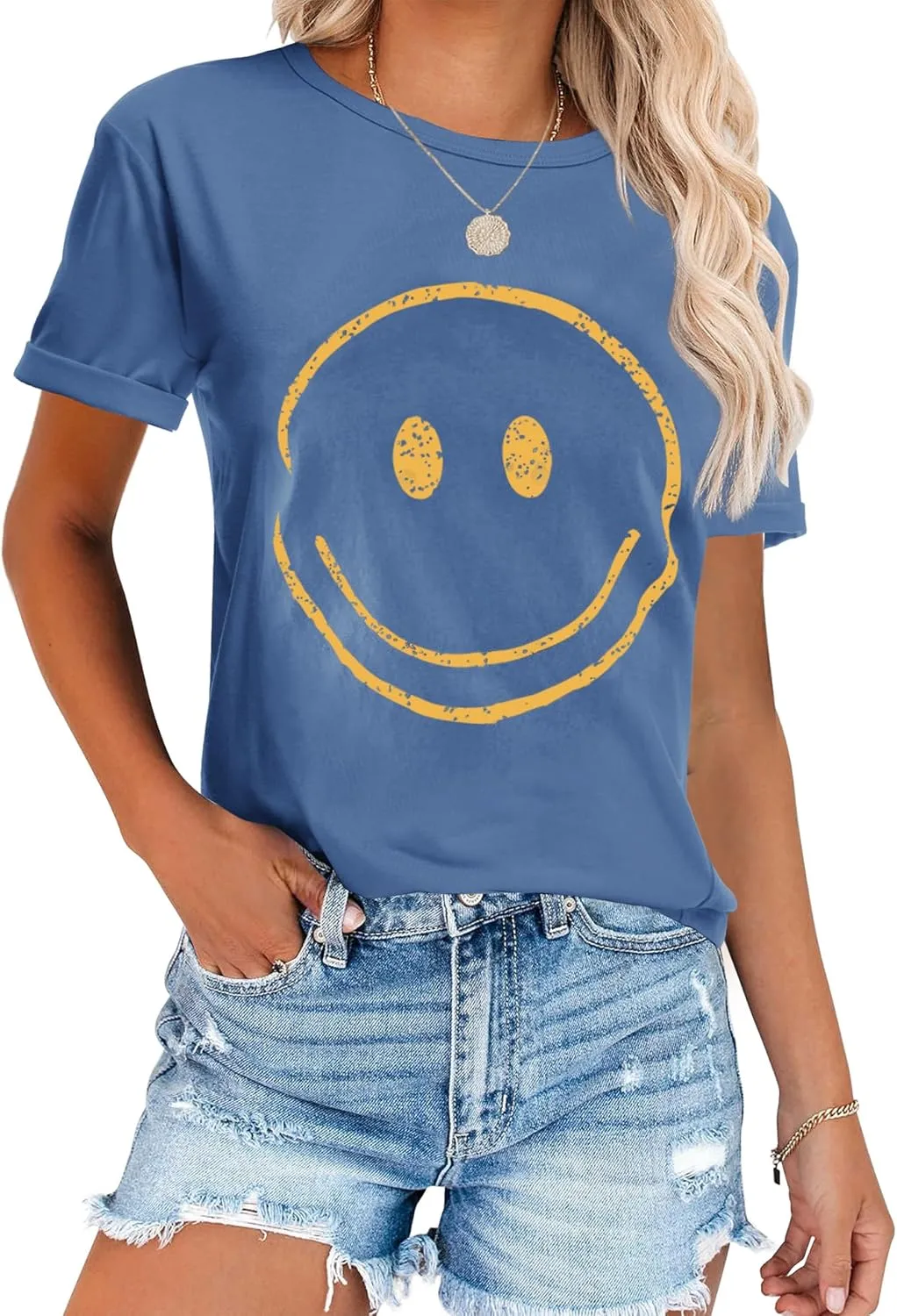 ReachMe Womens Summer Cute Smile Face T-Shirts Trendy Vintage Graphic Tops Casual Loose Short Sleeve Tee Shirts