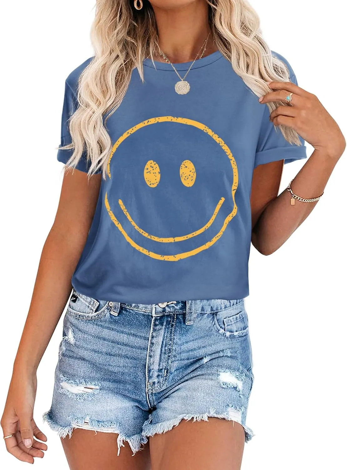 ReachMe Womens Summer Cute Smile Face T-Shirts Trendy Vintage Graphic Tops Casual Loose Short Sleeve Tee Shirts