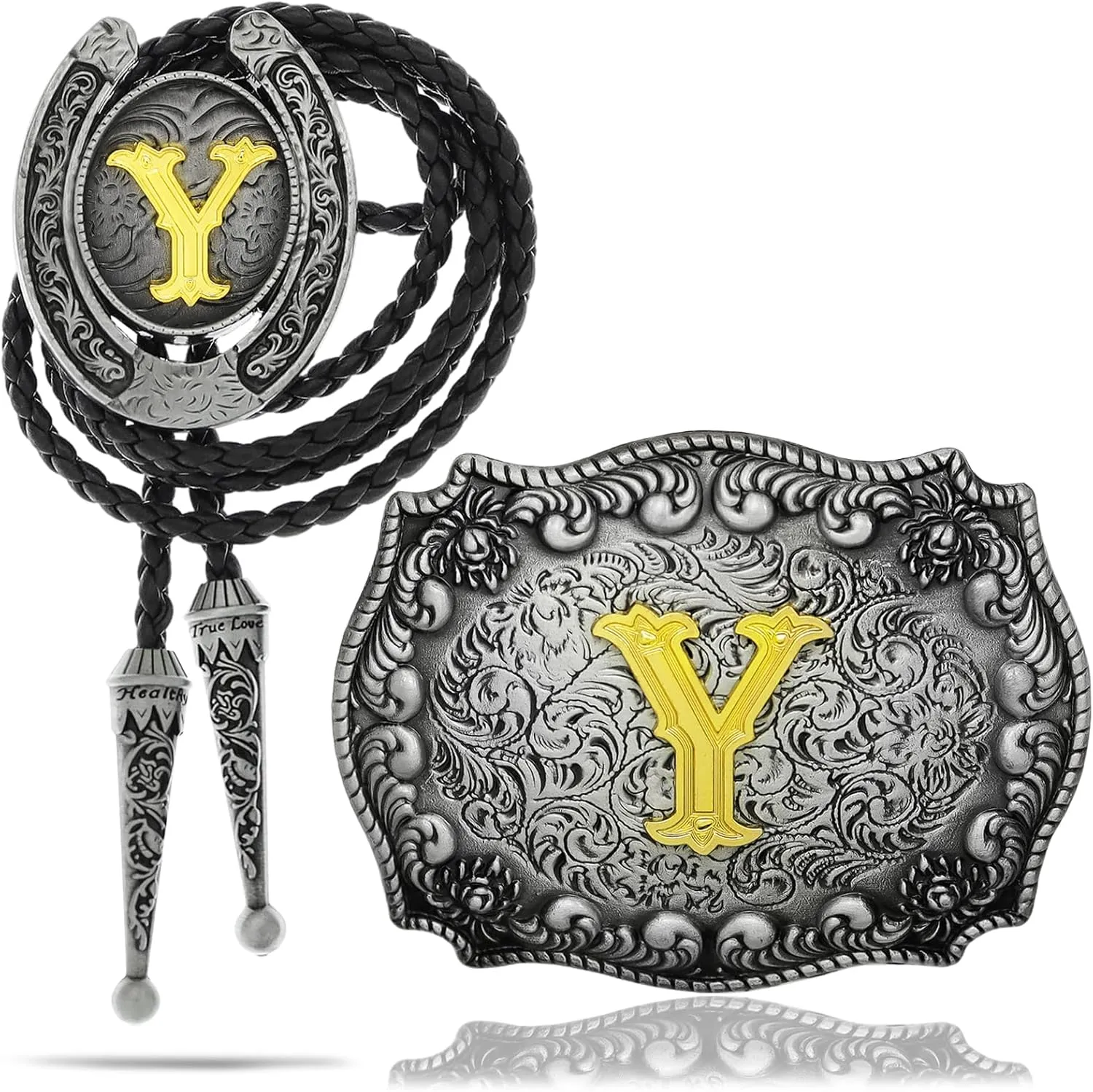 RechicGu 2 Pieces Western Cowboy Belt Buckle Bolo Tie Set Golden Initial Letter ABCJ to Z Rodeo Belt Buckles for Women Men