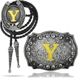 RechicGu 2 Pieces Western Cowboy Belt Buckle Bolo Tie Set Golden Initial Letter ABCJ to Z Rodeo Belt Buckles for Women Men