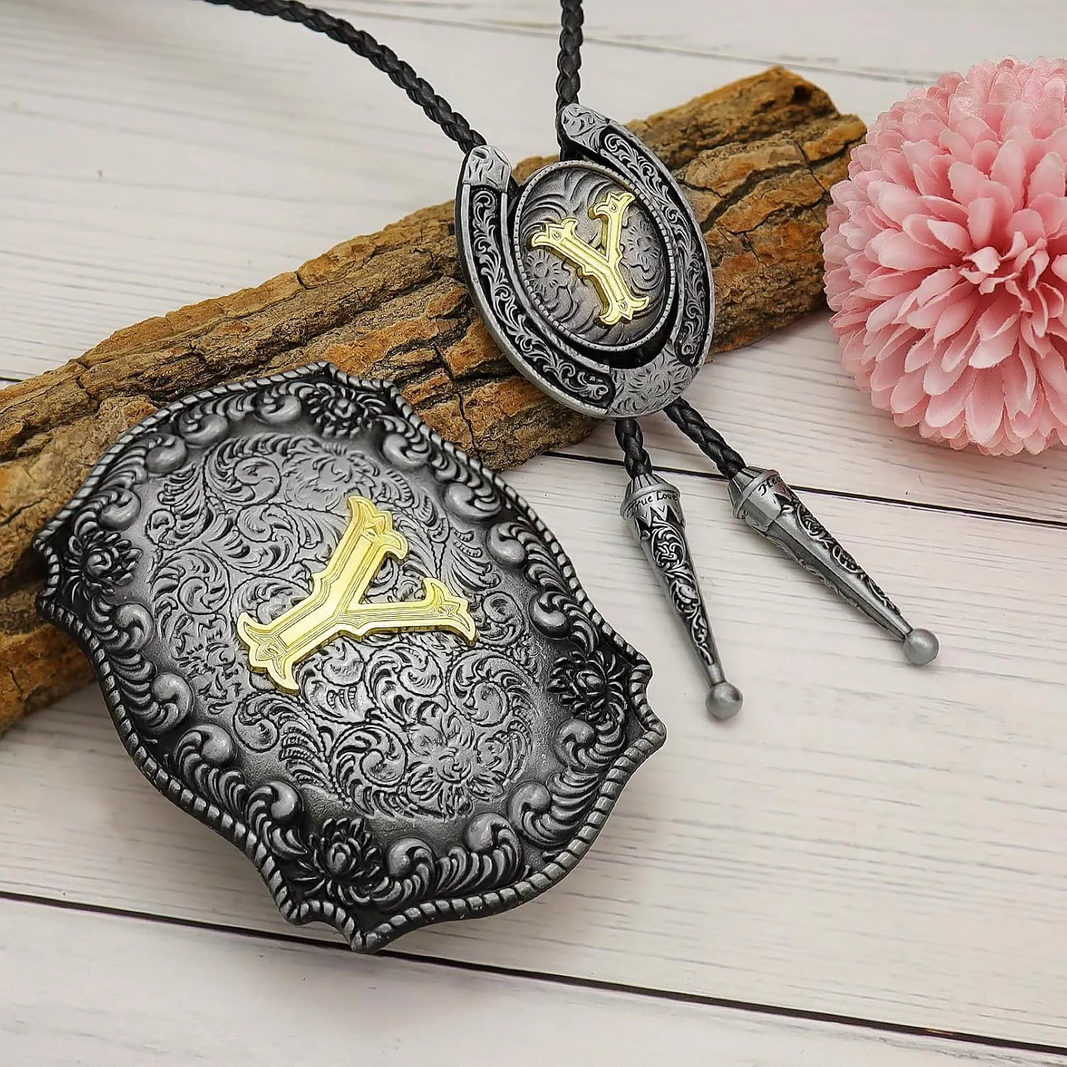 RechicGu 2 Pieces Western Cowboy Belt Buckle Bolo Tie Set Golden Initial Letter ABCJ to Z Rodeo Belt Buckles for Women Men