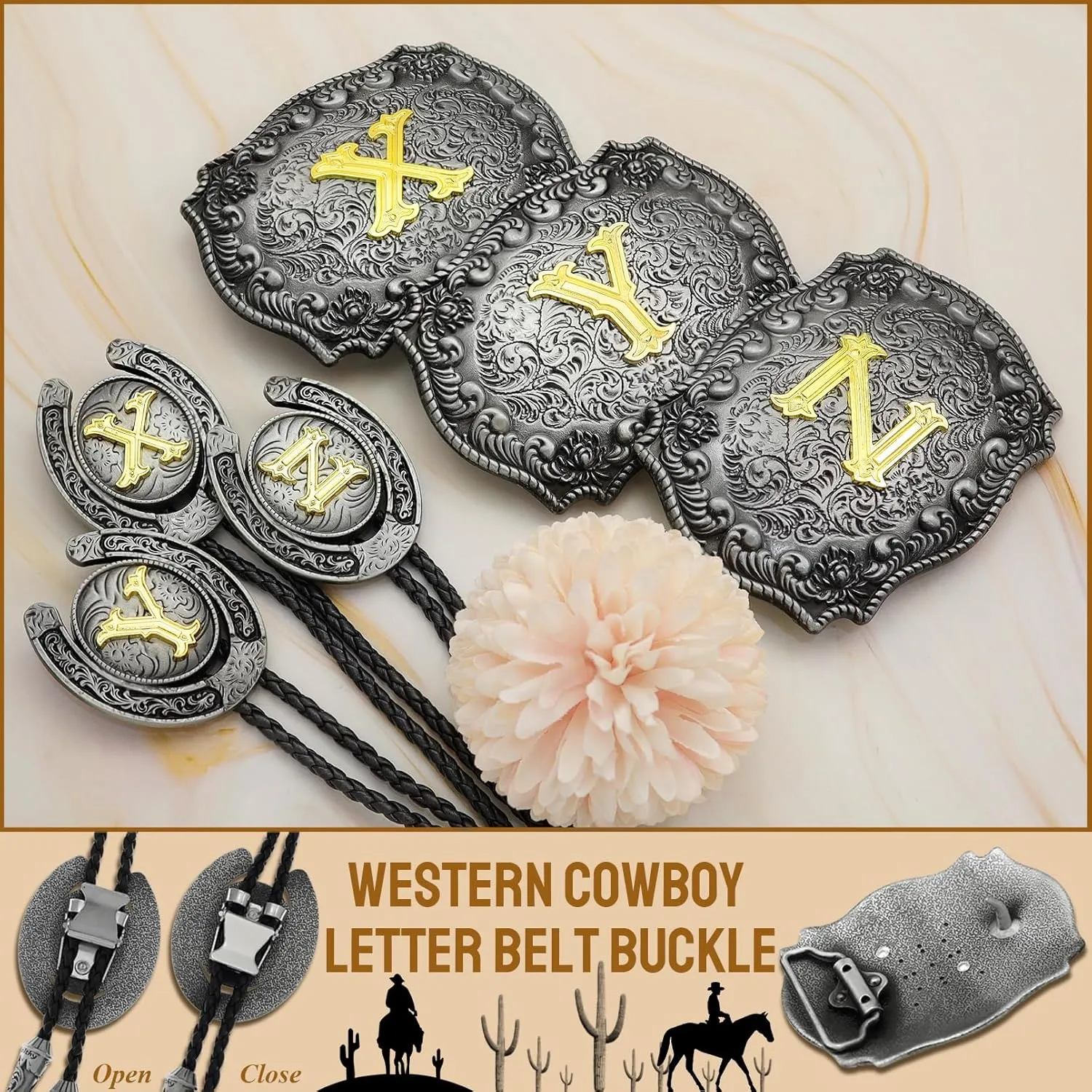 RechicGu 2 Pieces Western Cowboy Belt Buckle Bolo Tie Set Golden Initial Letter ABCJ to Z Rodeo Belt Buckles for Women Men