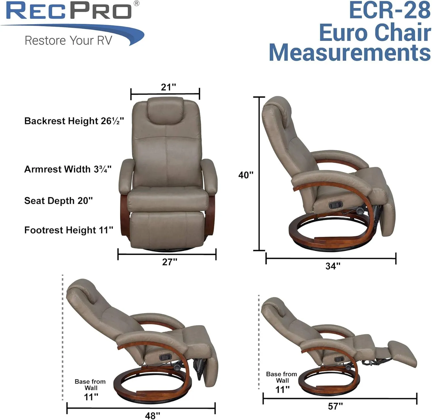 RecPro Charles 28" RV Euro Chair Recliner Modern Design RV Furniture (2, Chestnut)