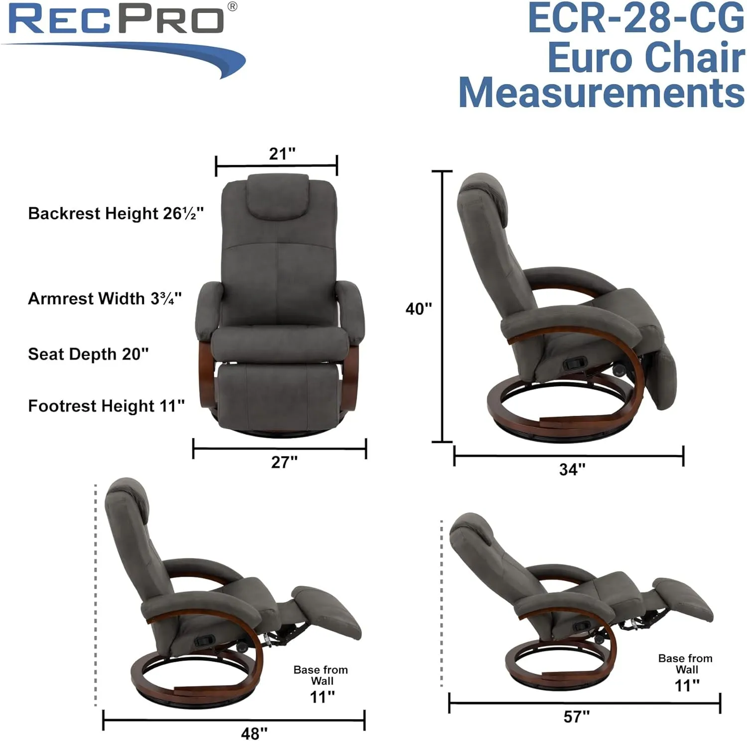 RecPro Charles 28" RV Euro Chair Recliner Modern Design RV Furniture RV Recliner (2 Chairs, Gunmetal)