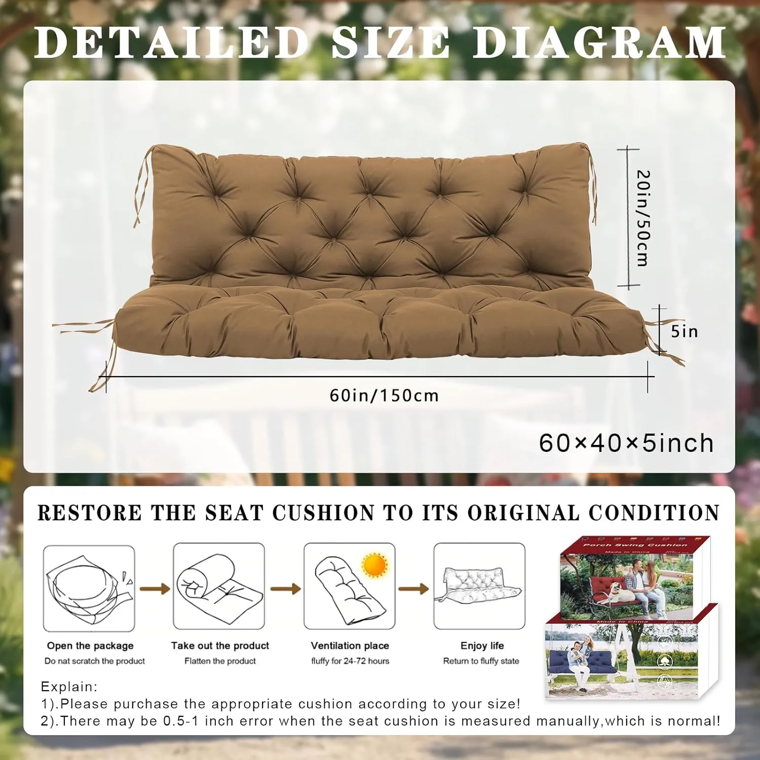 Replacement Cushions for Outdoor Furniture 60 Inch Waterproof Porch Swing Cushions 3 Seater with Backrest Extra 5" Thicken Durable Patio Long Bench Cushions(Brown 60×40×5inch)