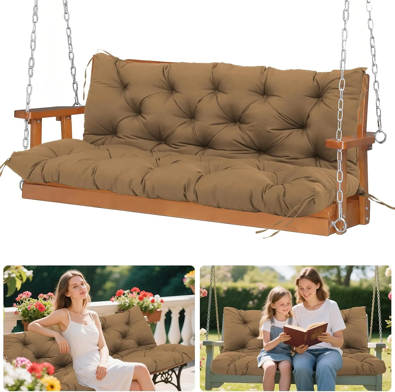 Replacement Cushions for Outdoor Furniture 60 Inch Waterproof Porch Swing Cushions 3 Seater with Backrest Extra 5" Thicken Durable Patio Long Bench Cushions(Brown 60×40×5inch)
