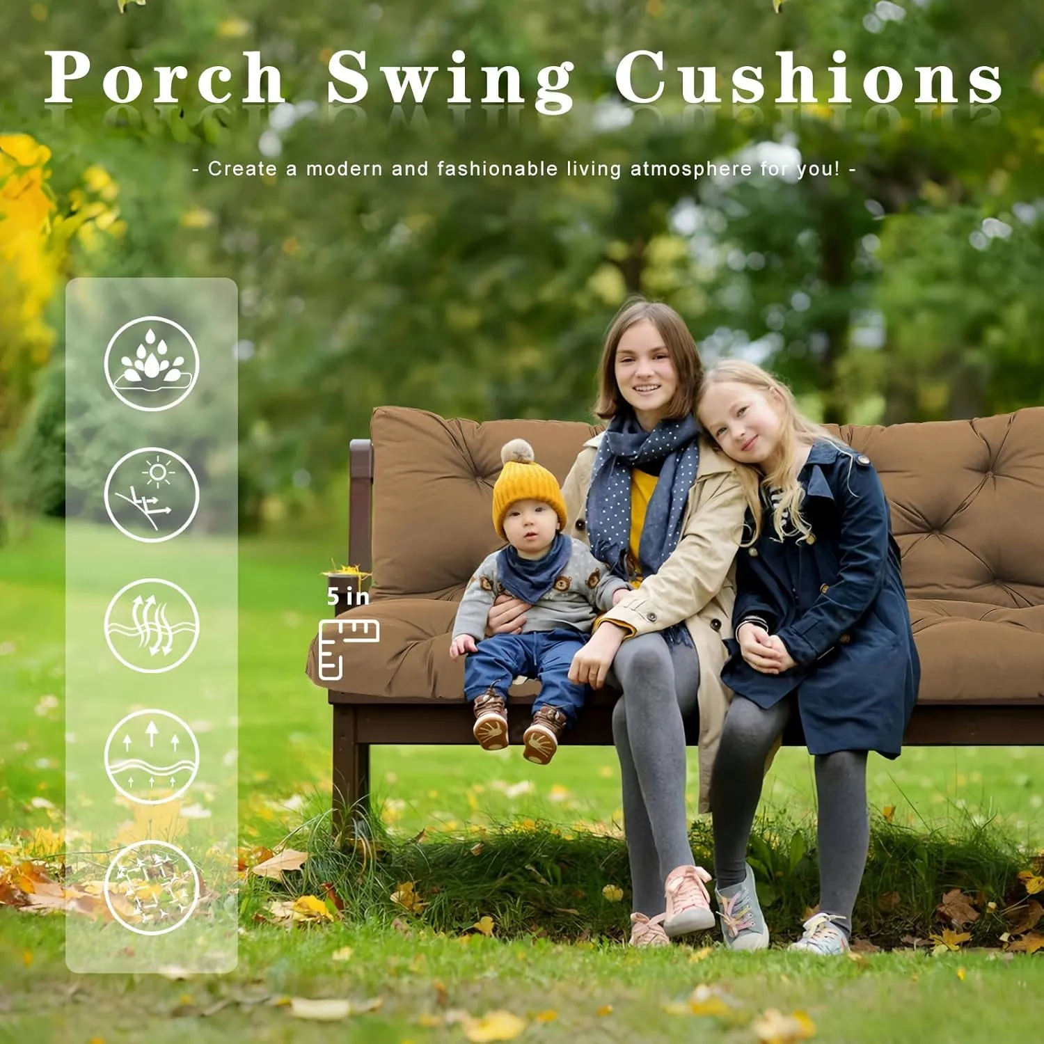 Replacement Cushions for Outdoor Furniture 60 Inch Waterproof Porch Swing Cushions 3 Seater with Backrest Extra 5" Thicken Durable Patio Long Bench Cushions(Brown 60×40×5inch)