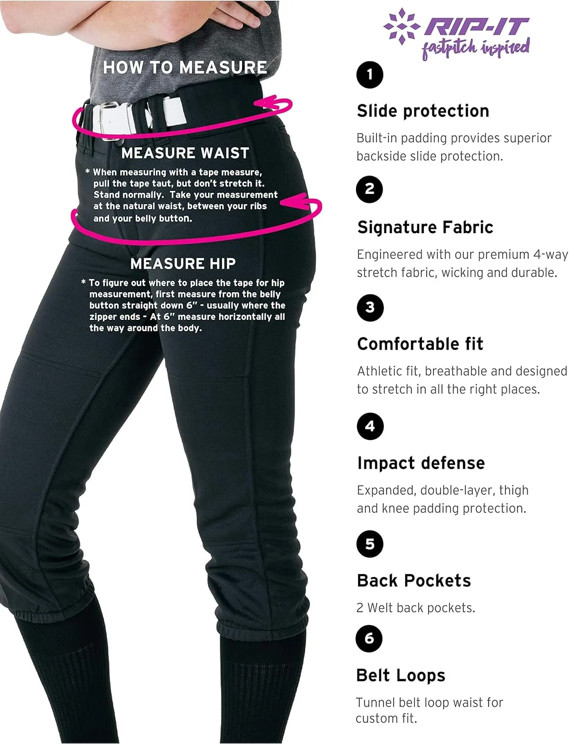 RIP-IT | Womens 4-Way Pro Stretch Softball Pants | Sizes XS-XXL | Padded Softball Pants for Female Athletes
