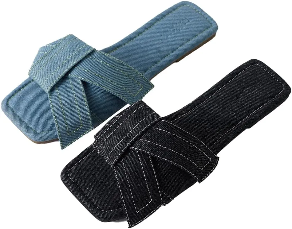 Roxoni Women's Fashion Casual Daily Wear Slide Shoes, Open Toe Slip On Slide Sandals, Denim Flat Slides