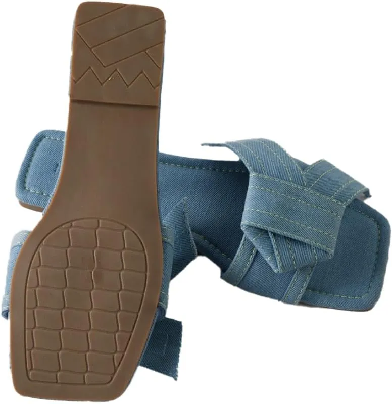Roxoni Women's Fashion Casual Daily Wear Slide Shoes, Open Toe Slip On Slide Sandals, Denim Flat Slides