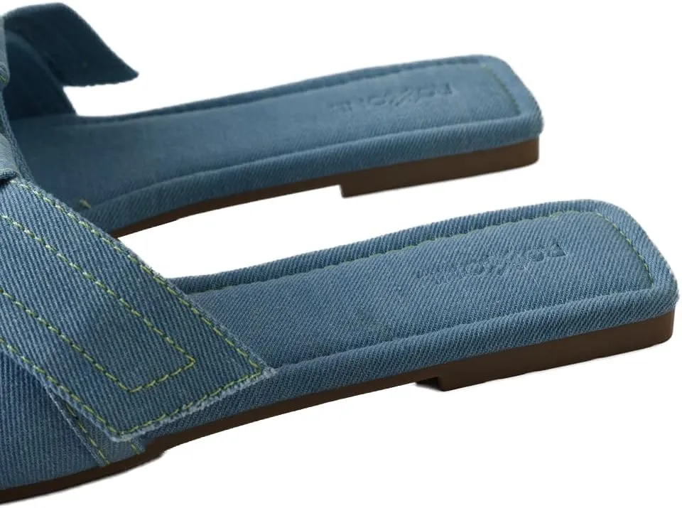 Roxoni Women's Fashion Casual Daily Wear Slide Shoes, Open Toe Slip On Slide Sandals, Denim Flat Slides