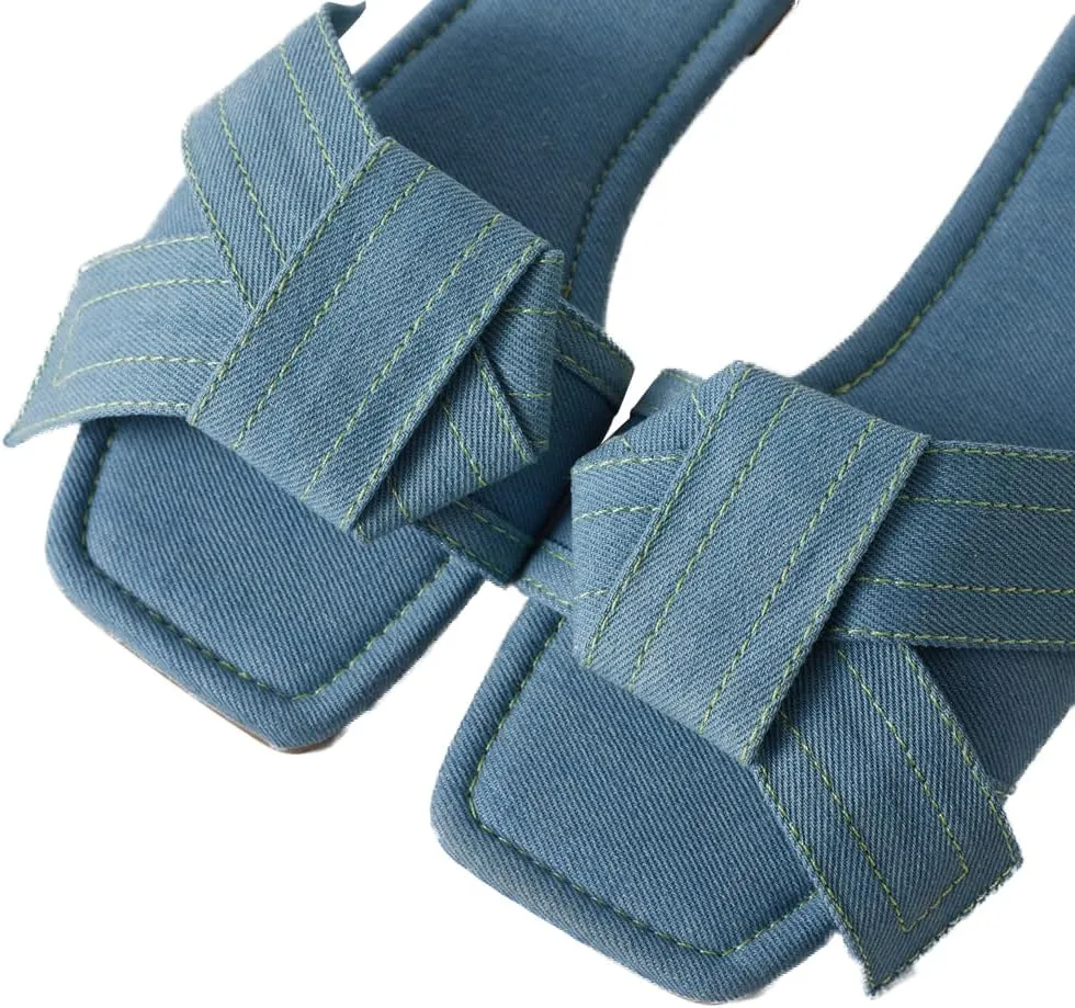 Roxoni Women's Fashion Casual Daily Wear Slide Shoes, Open Toe Slip On Slide Sandals, Denim Flat Slides