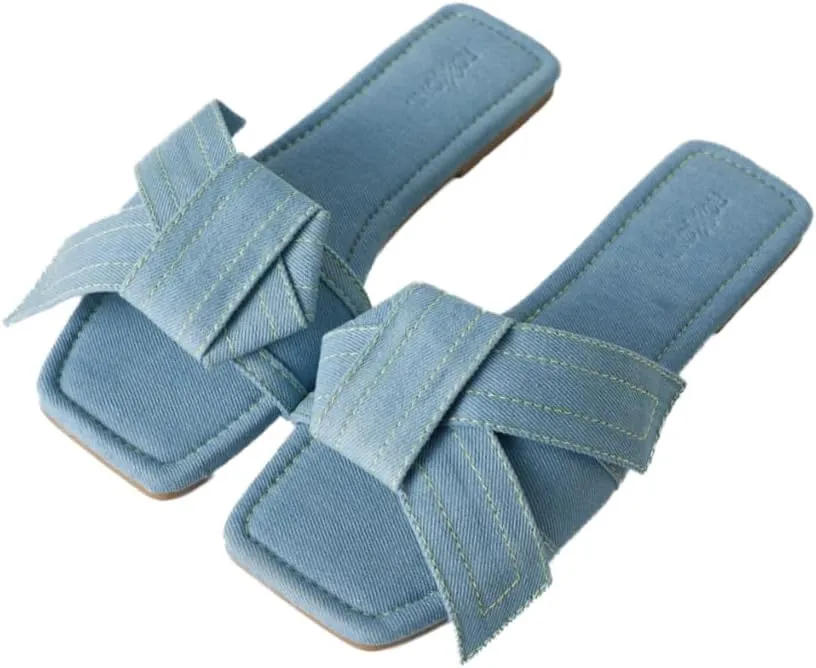 Roxoni Women's Fashion Casual Daily Wear Slide Shoes, Open Toe Slip On Slide Sandals, Denim Flat Slides