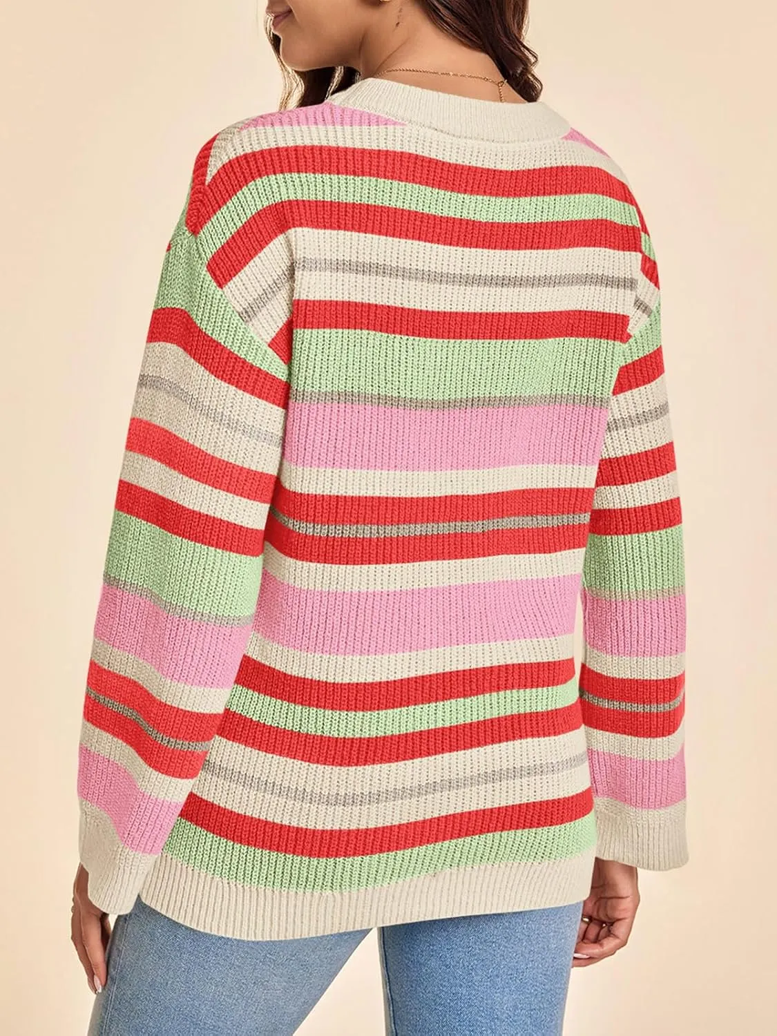 Saodimallsu Womens Striped Sweaters Crew Neck Color Block Long Sleeve Loose Ribbed Knit Trendy Rainbow Pullover Tops