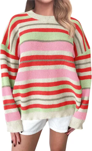 Saodimallsu Womens Striped Sweaters Crew Neck Color Block Long Sleeve Loose Ribbed Knit Trendy Rainbow Pullover Tops