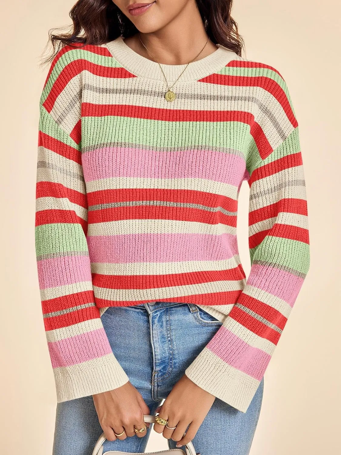 Saodimallsu Womens Striped Sweaters Crew Neck Color Block Long Sleeve Loose Ribbed Knit Trendy Rainbow Pullover Tops