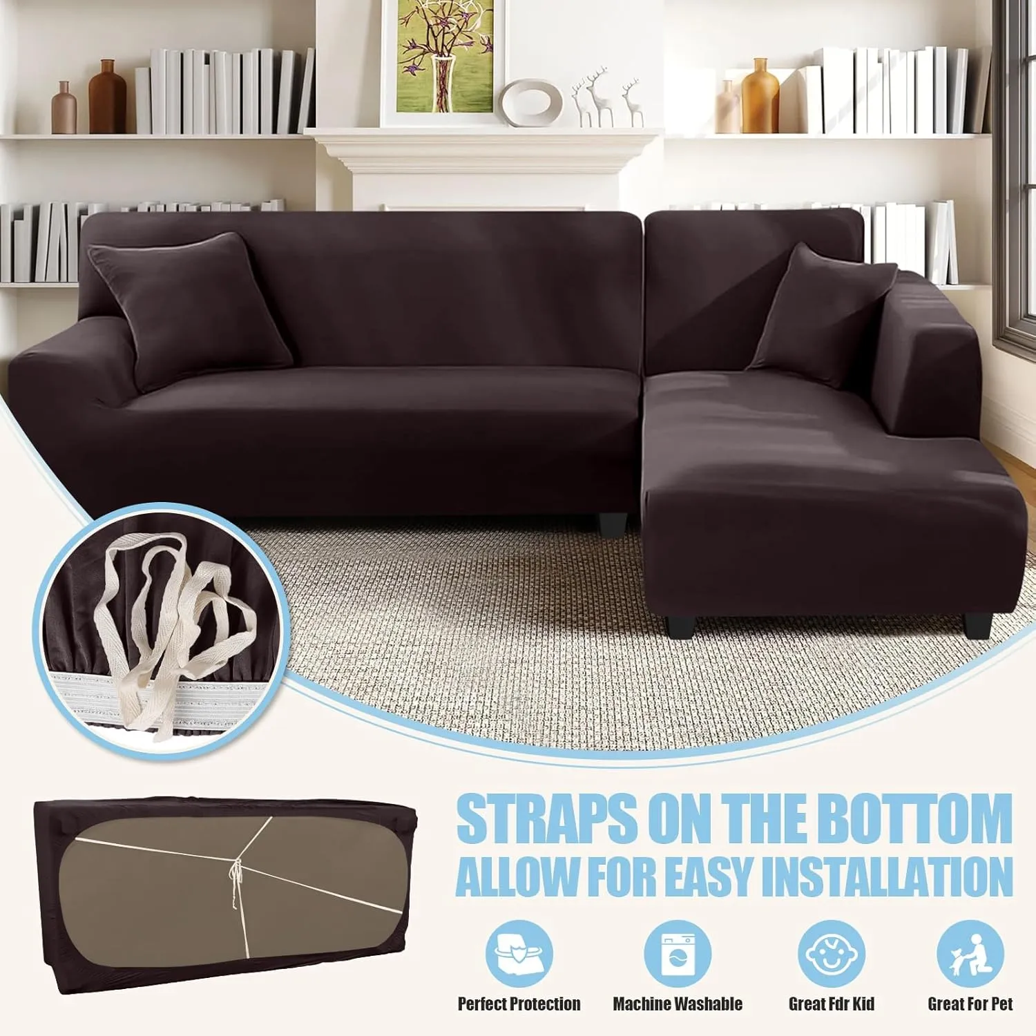 Sectional Couch Covers L Shape Sofa Covers Super Stretch 2pcs Sofa Slipcovers for 3   3 Seaters Sectional Chaise Slipcover with 2pcs Pillow Covers for Pets Kids, Brown