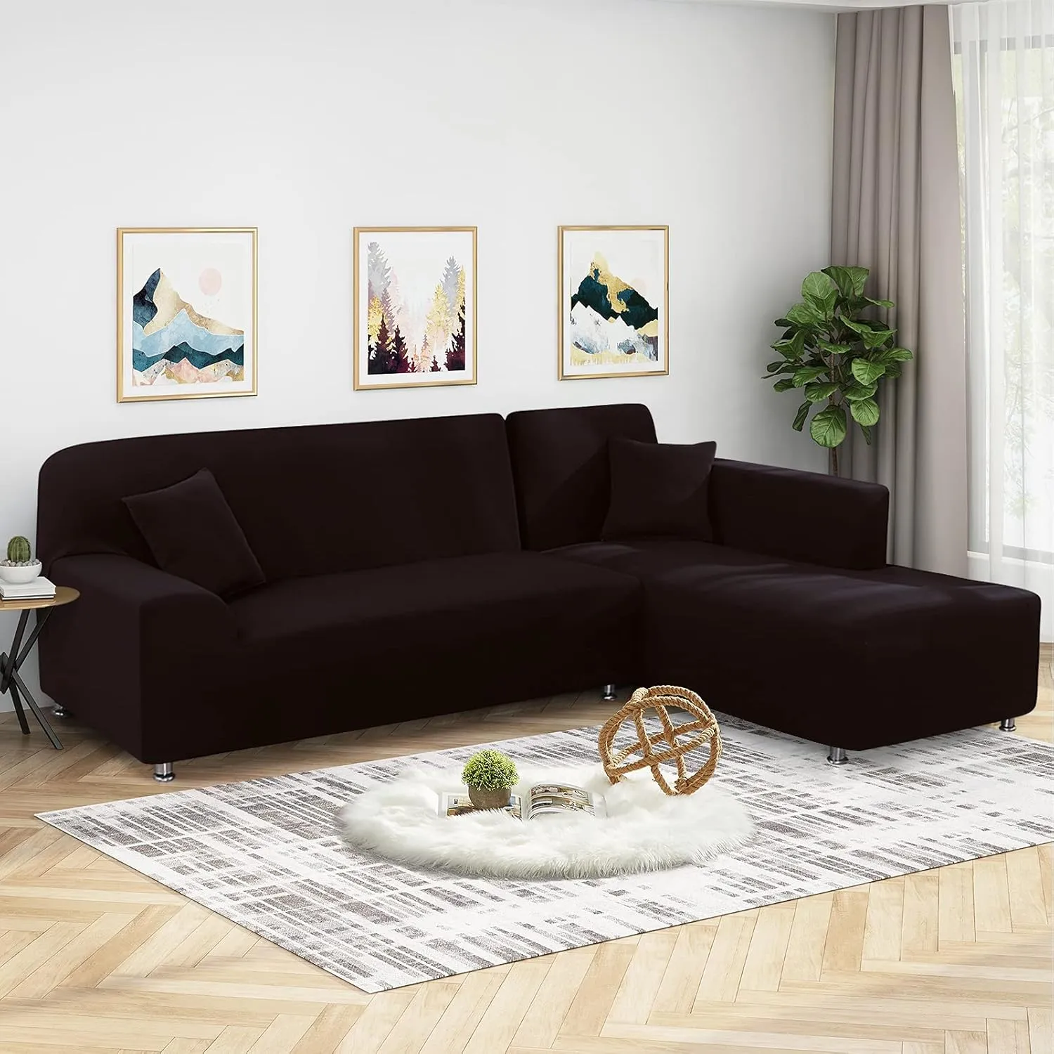 Sectional Couch Covers L Shape Sofa Covers Super Stretch 2pcs Sofa Slipcovers for 3   3 Seaters Sectional Chaise Slipcover with 2pcs Pillow Covers for Pets Kids, Brown