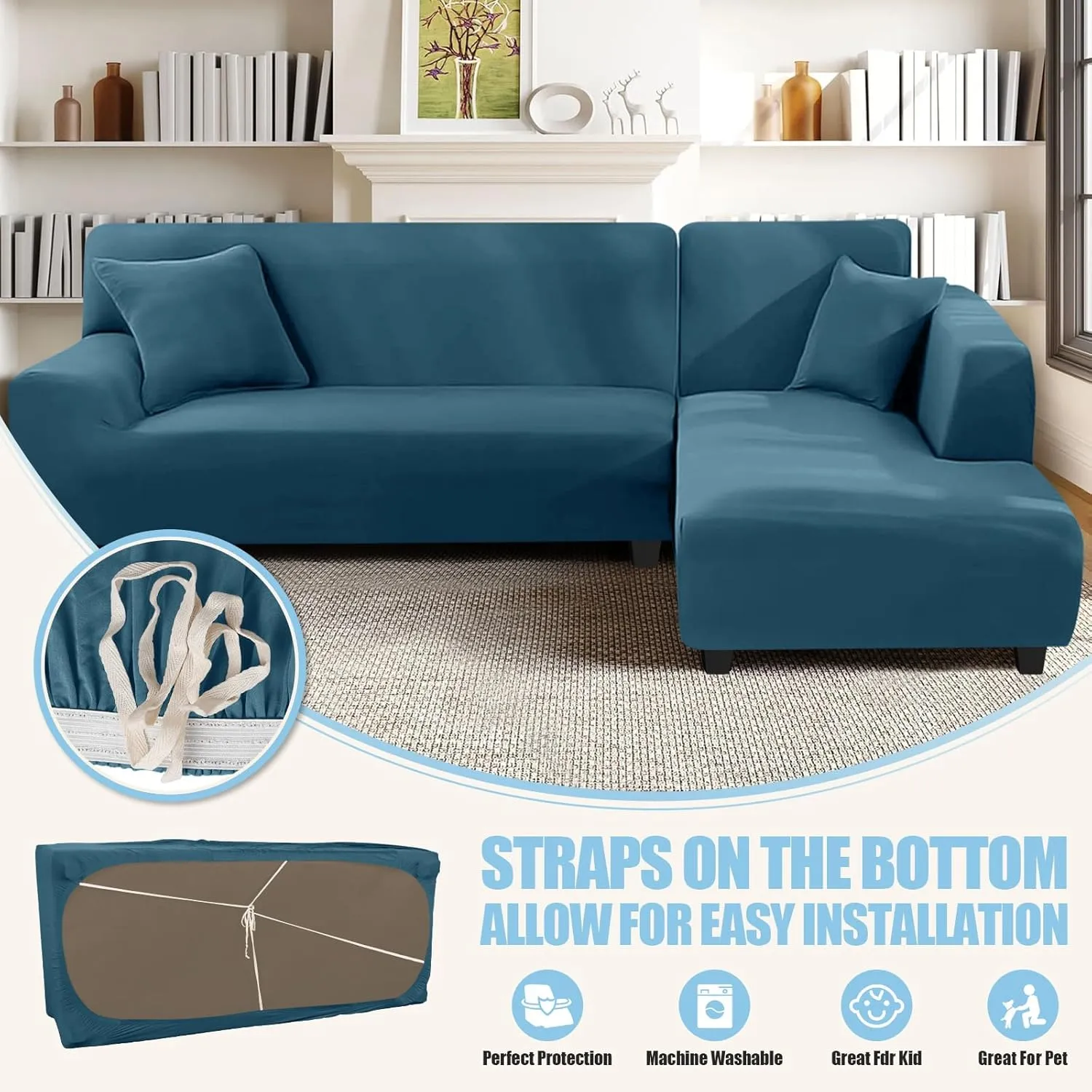Sectional Couch Covers L Shape Sofa Covers Super Stretch 2pcs Sofa Slipcovers for 3   3 Seaters Sectional Chaise Slipcover with 2pcs Pillow Covers for Pets Kids, Peacock Blue