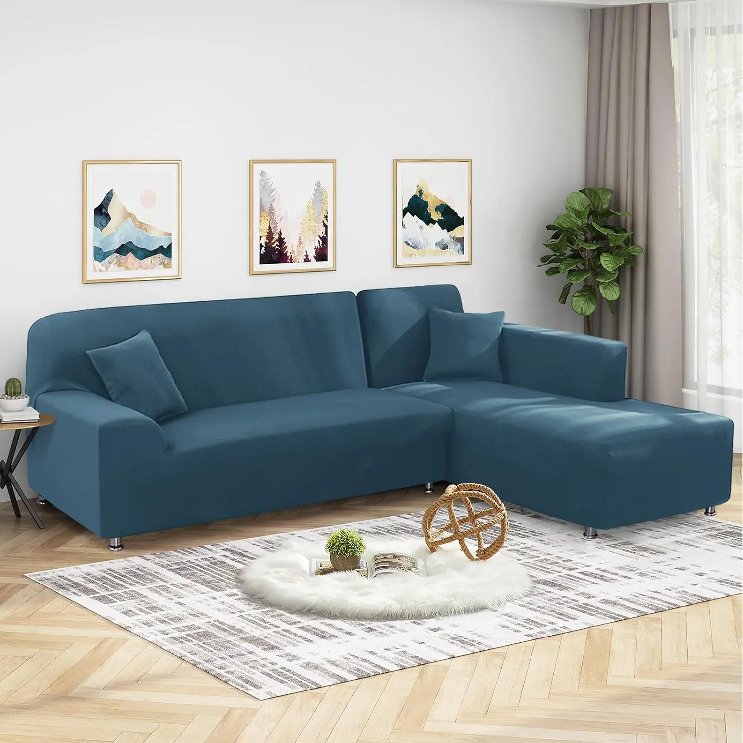Sectional Couch Covers L Shape Sofa Covers Super Stretch 2pcs Sofa Slipcovers for 3   3 Seaters Sectional Chaise Slipcover with 2pcs Pillow Covers for Pets Kids, Peacock Blue