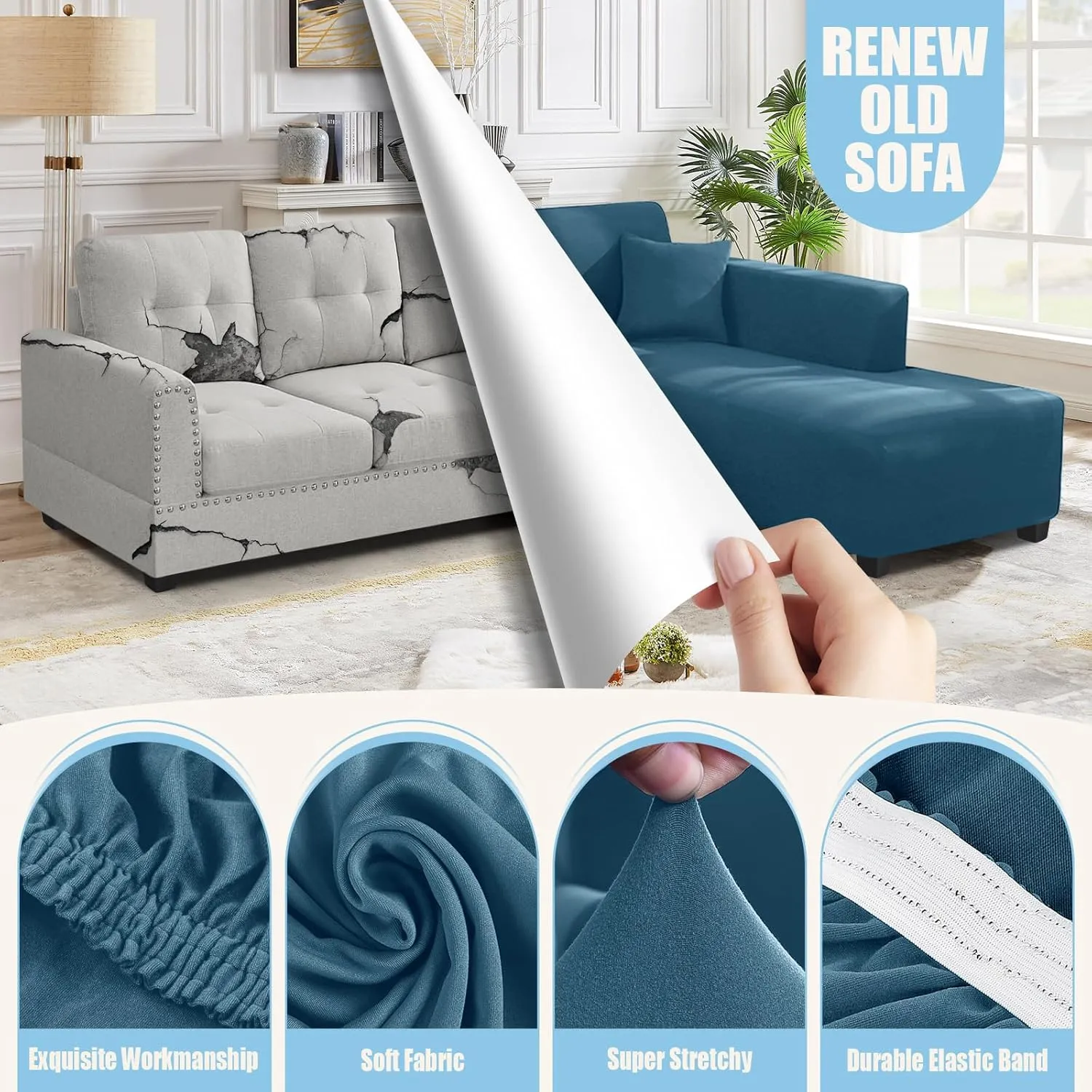 Sectional Couch Covers L Shape Sofa Covers Super Stretch 2pcs Sofa Slipcovers for 3   3 Seaters Sectional Chaise Slipcover with 2pcs Pillow Covers for Pets Kids, Peacock Blue