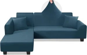 Sectional Couch Covers L Shape Sofa Covers Super Stretch 2pcs Sofa Slipcovers for 3   3 Seaters Sectional Chaise Slipcover with 2pcs Pillow Covers for Pets Kids, Peacock Blue