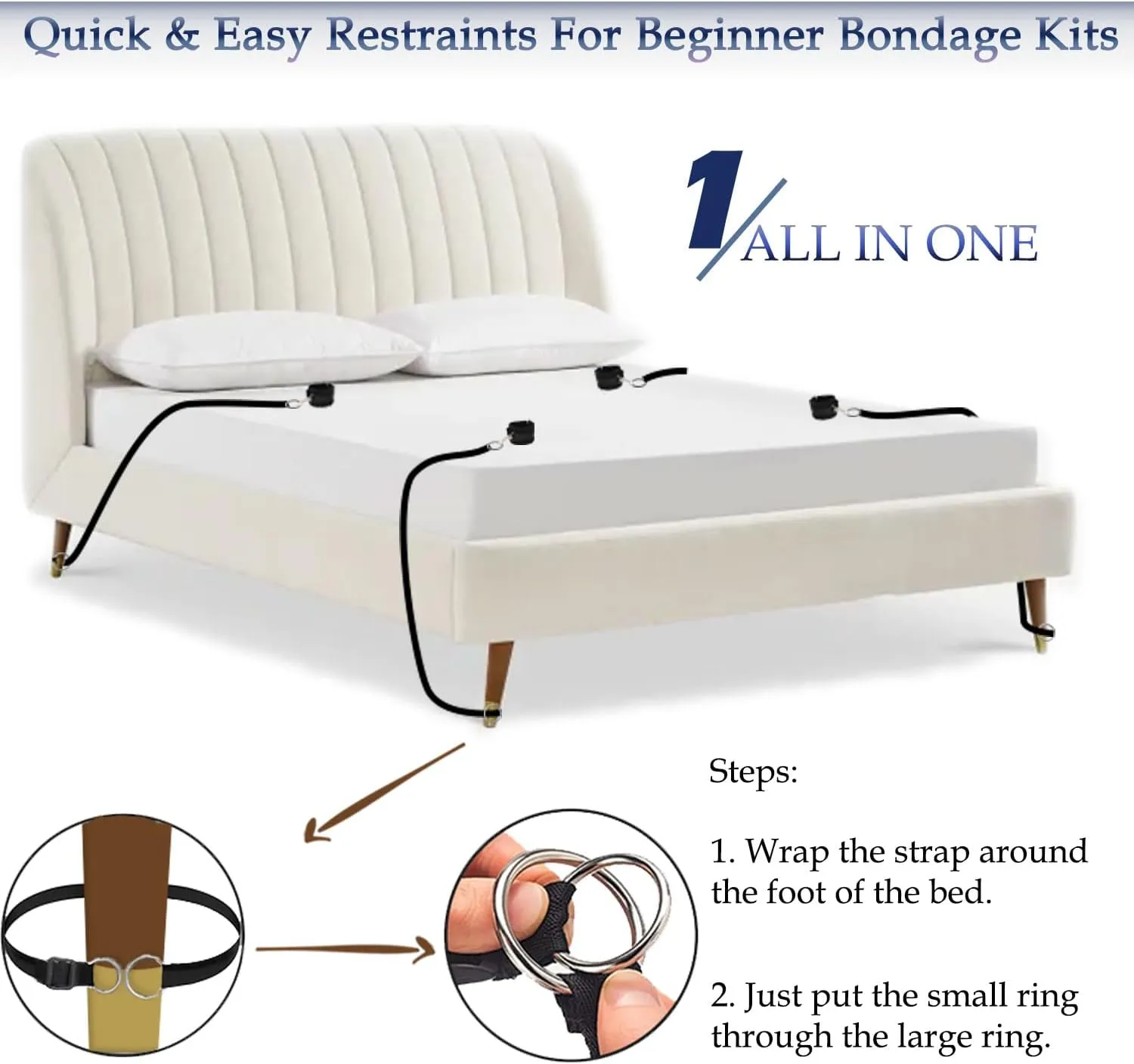 Sex Bondage Restraints BDSM Toys, Selver Versatile Bed Restraints Couple Sex Toys with 4 Separate Straps, Bondage Cuffs, Blindfold, Feather BDSM Kit