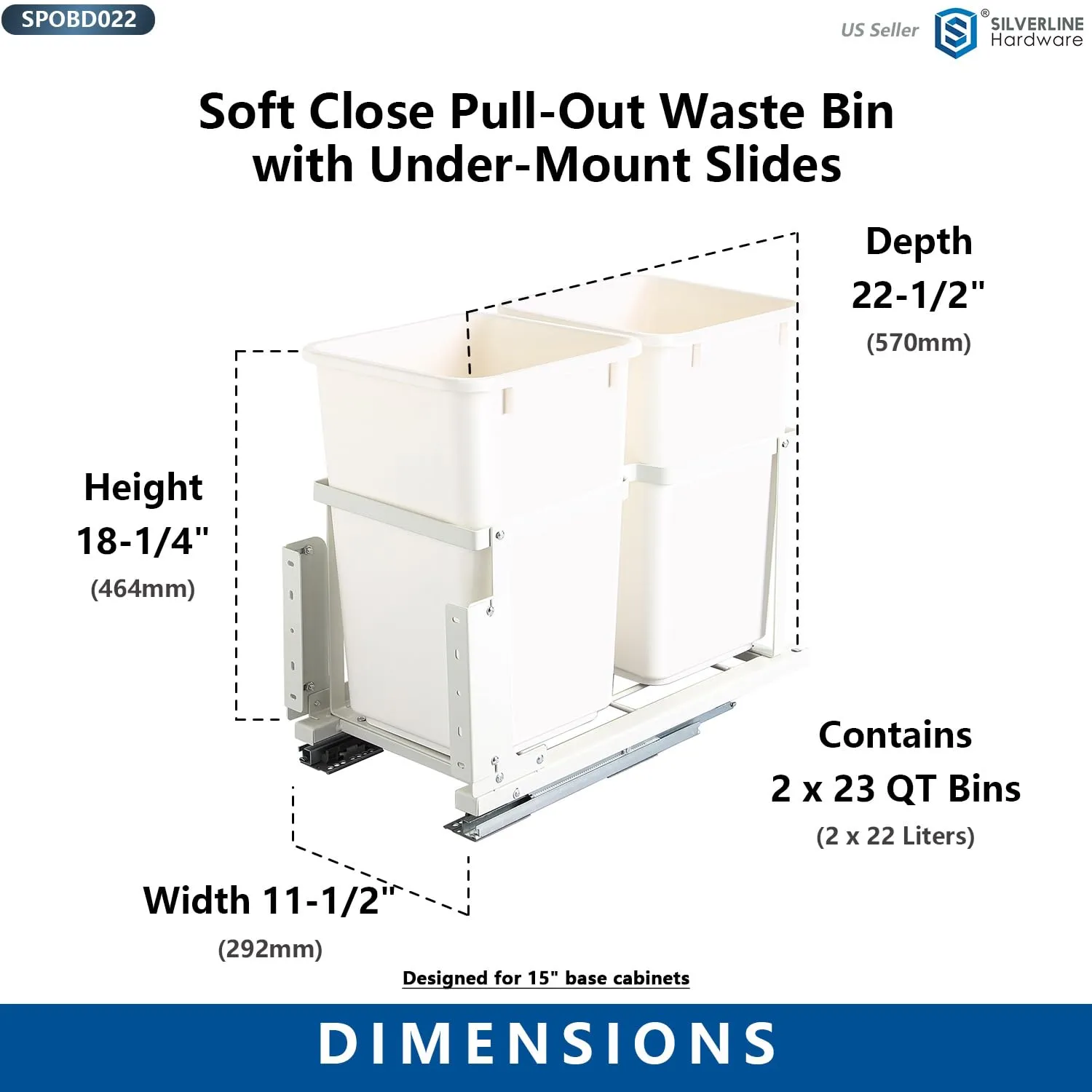 Silverline Double Soft Close Pull-Out Waste Bin with Under-Mount Slides,44L Capacity, Fits 15" Base Cabinets