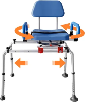 Sliding Shower Chair with Swivel Seat, Swivel Tub Transfer Bench, Shower Bench for Elderly, Adjustable Height Bathtub Bench with Armrests & Swivel Padded Seat & Safety Belt, AX19