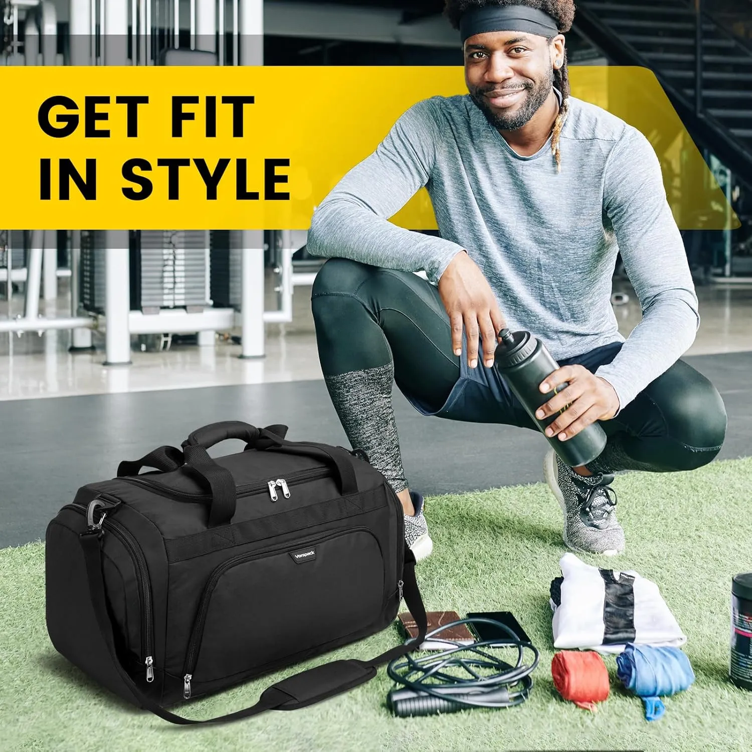 Small Gym Bag - 40L Duffle Bag for Men Women Lightweight Duffel Bag with Shoe Compartment Wet Pocket Travel Bag Sports Bag for Sports Gym Travel - Black