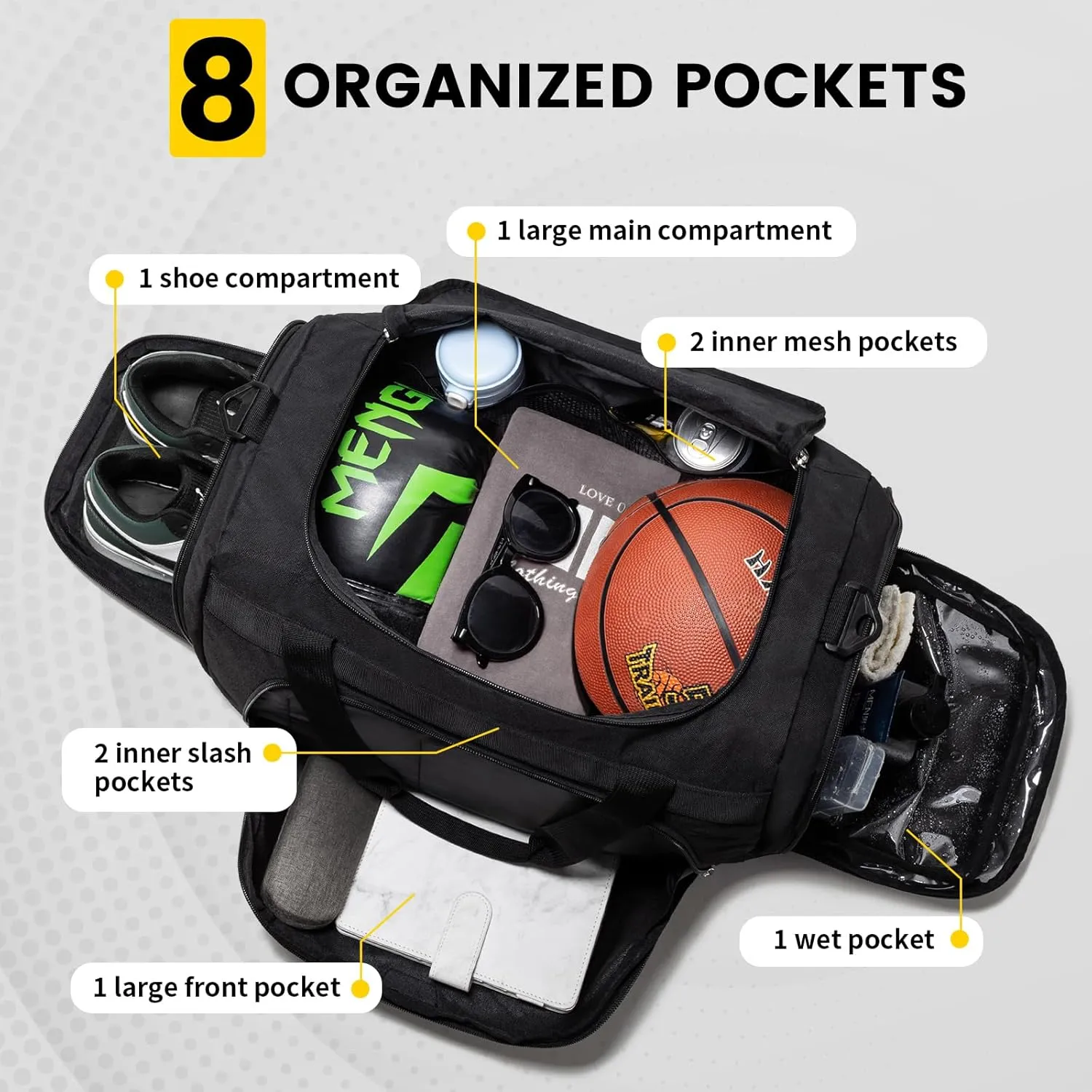 Small Gym Bag - 40L Duffle Bag for Men Women Lightweight Duffel Bag with Shoe Compartment Wet Pocket Travel Bag Sports Bag for Sports Gym Travel - Black
