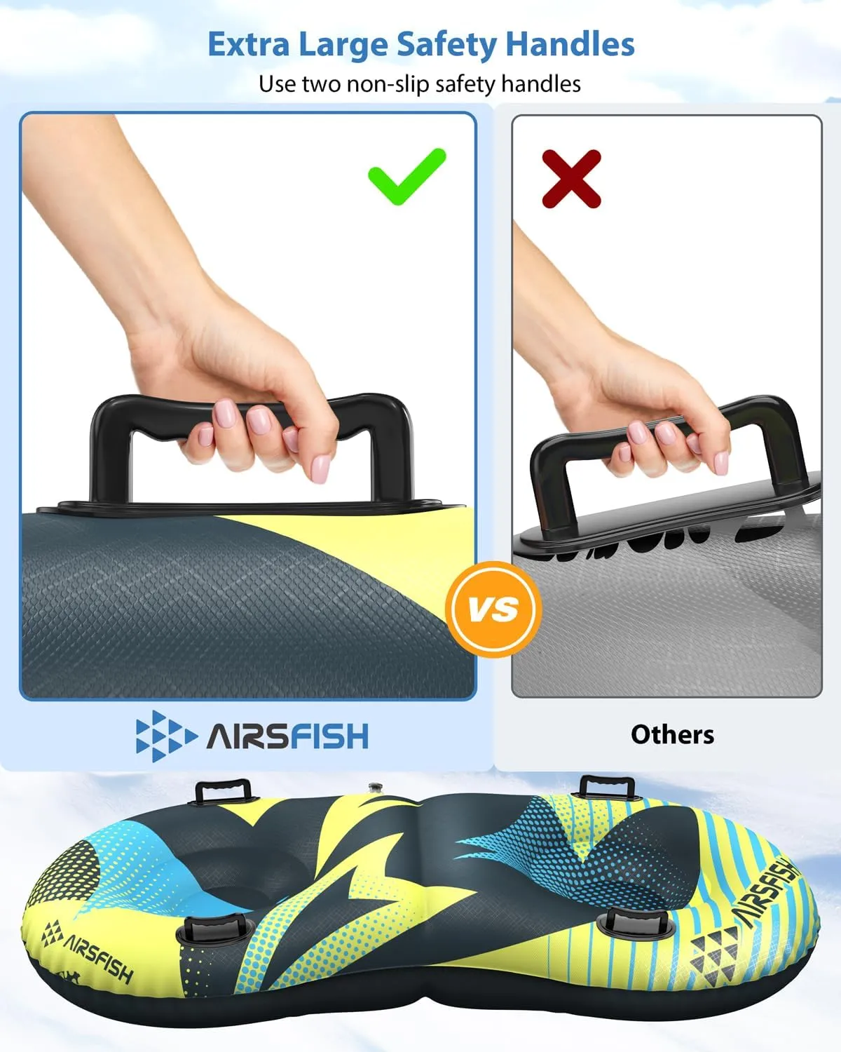 Snow Tube with Towable Leash, AirsFish Inflatable Snow Sled for Children Adults Heavy Duty Cover Wear-Resistant & Antifreeze Material Sledding Tubes for Winter Sports