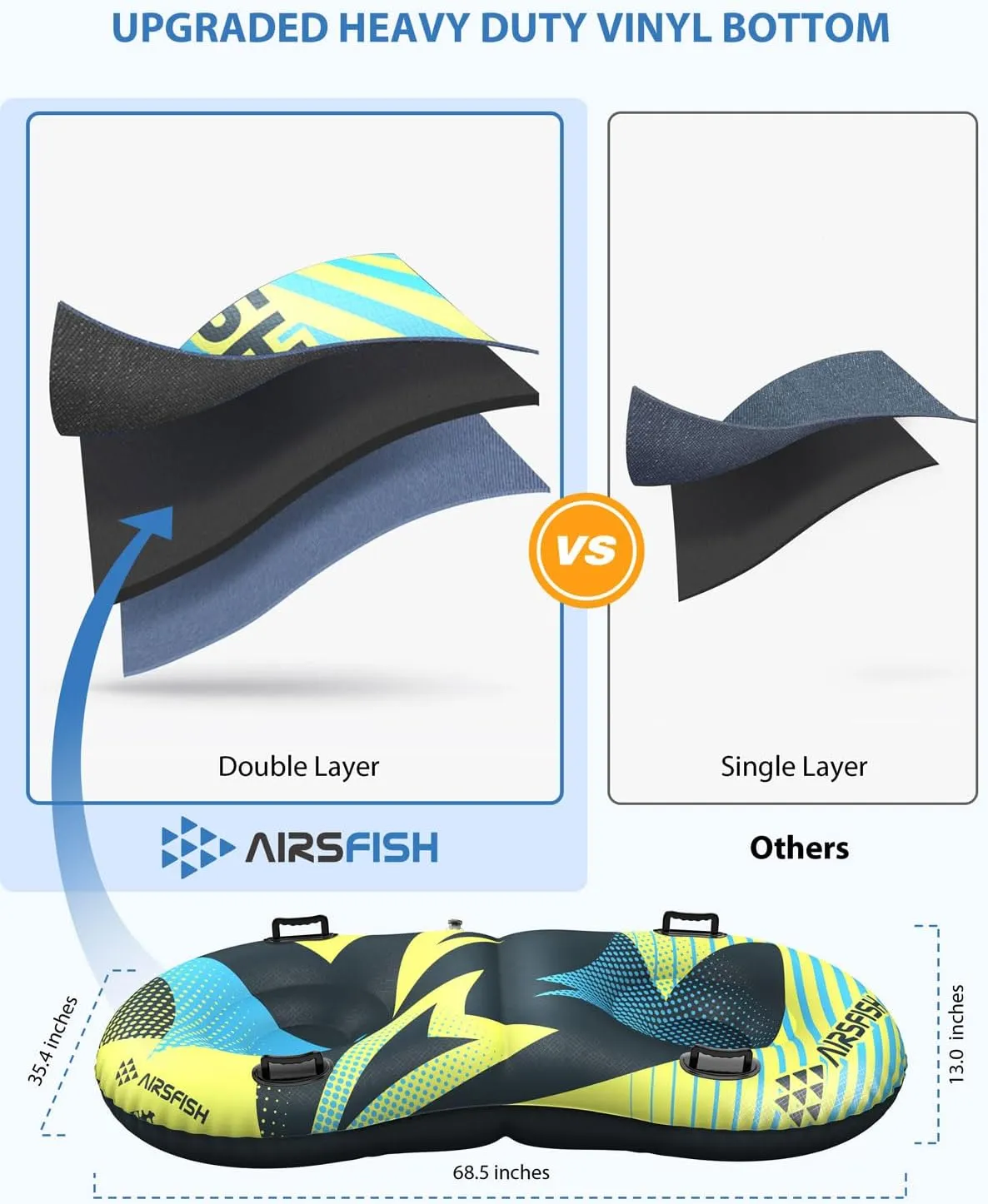 Snow Tube with Towable Leash, AirsFish Inflatable Snow Sled for Children Adults Heavy Duty Cover Wear-Resistant & Antifreeze Material Sledding Tubes for Winter Sports