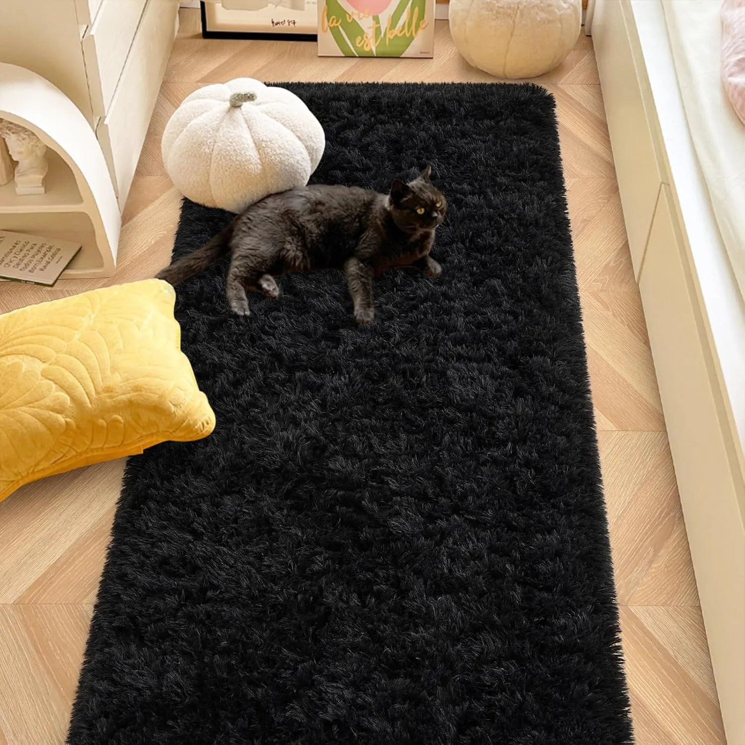 Soft Black Runner Rugs for Bedroom, 2x6 ft Bedside Rug Plush Fluffy Carpets, Shag Furry Modern Area Rug Carpet for Living Room Girls Kids Room Nursery Home Decor, Black